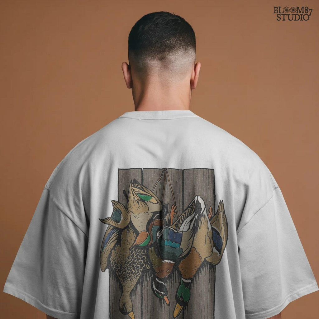 Realistic illustration of mallard drake and hen ducks hanging on rustic wooden planks, waterfowl hunting PNG sublimation design