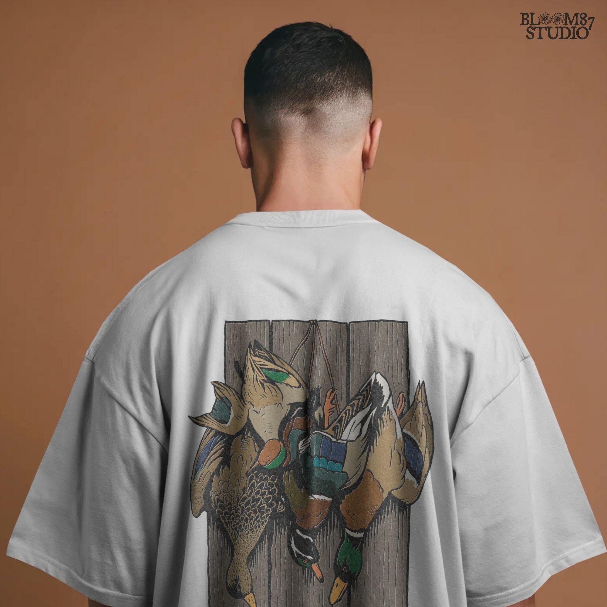 Realistic illustration of mallard drake and hen ducks hanging on rustic wooden planks, waterfowl hunting PNG sublimation design