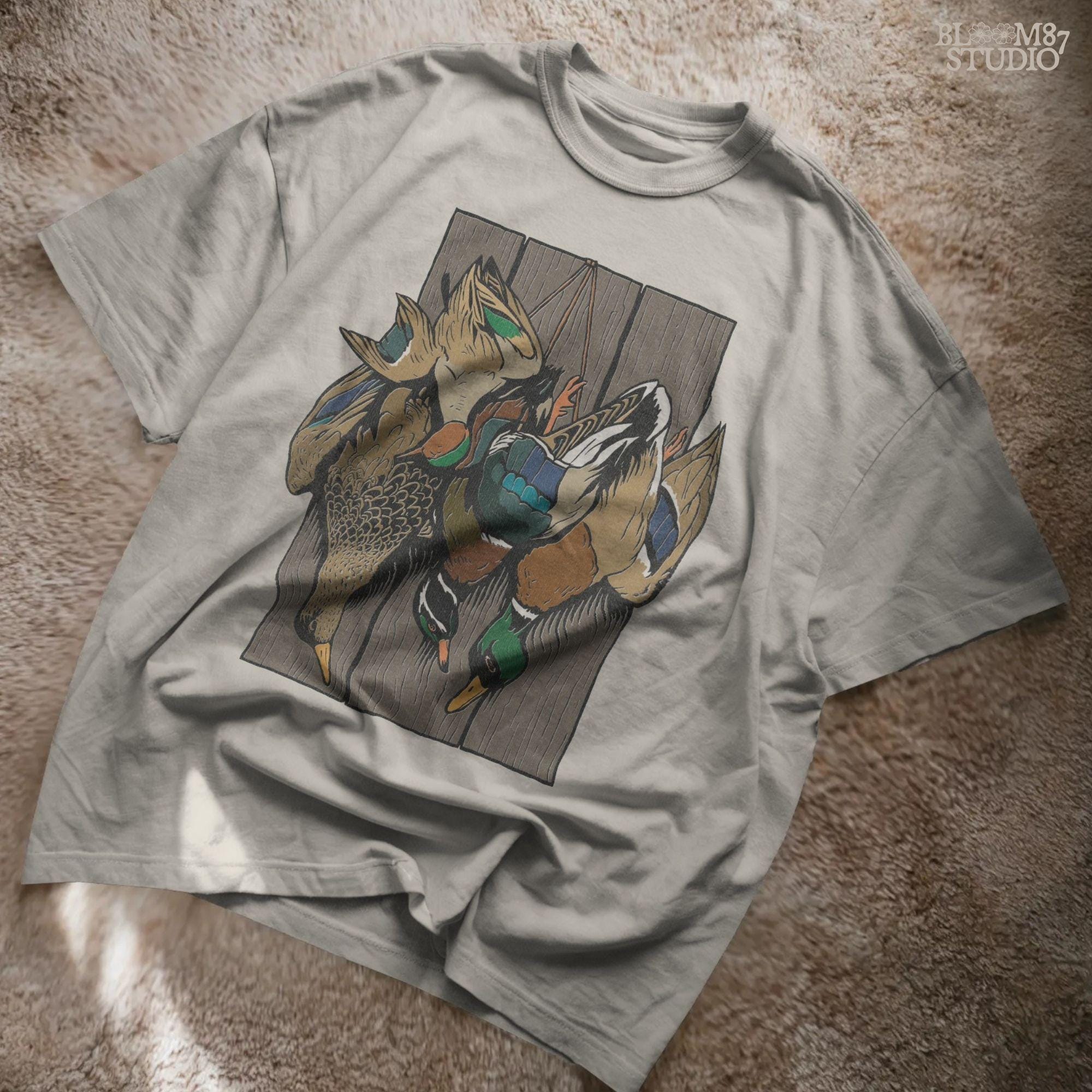 Realistic illustration of mallard drake and hen ducks hanging on rustic wooden planks, waterfowl hunting PNG sublimation design