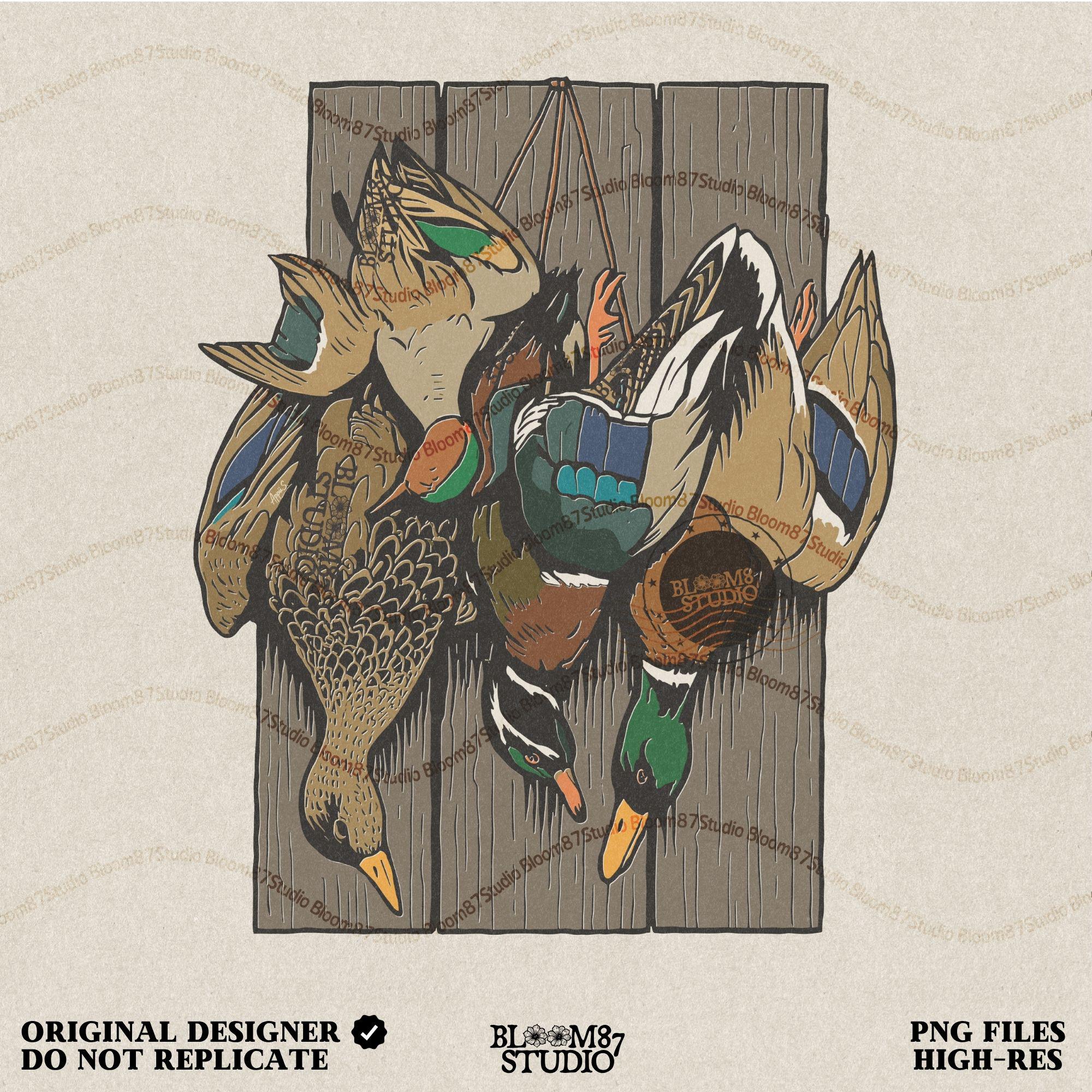 Realistic illustration of mallard drake and hen ducks hanging on rustic wooden planks, waterfowl hunting PNG sublimation design