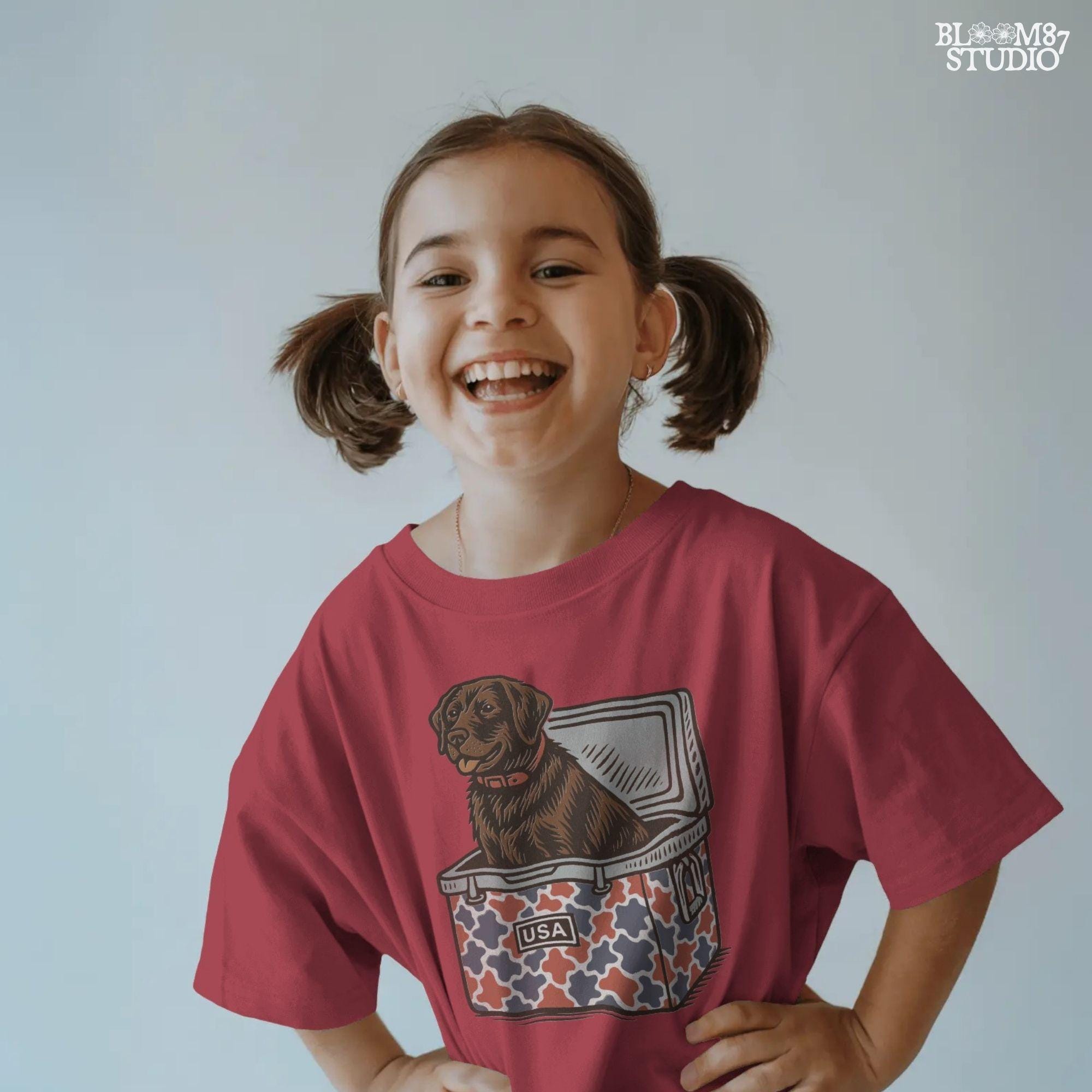 Patriotic sublimation PNG of a brown Labrador sitting inside a red, white, and blue USA-themed cooler, perfect for July 4th crafts and shirts