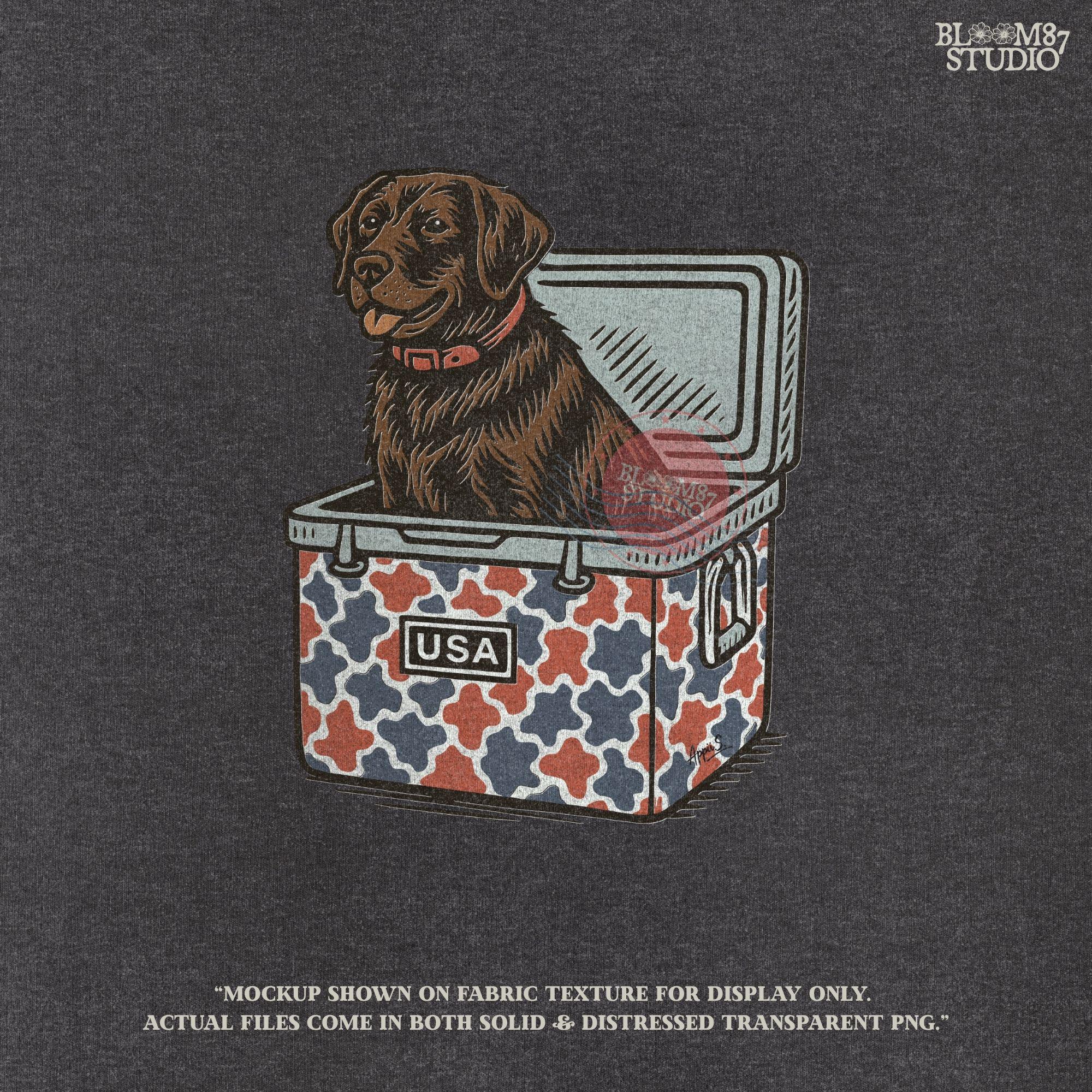 Patriotic sublimation PNG of a brown Labrador sitting inside a red, white, and blue USA-themed cooler, perfect for July 4th crafts and shirts