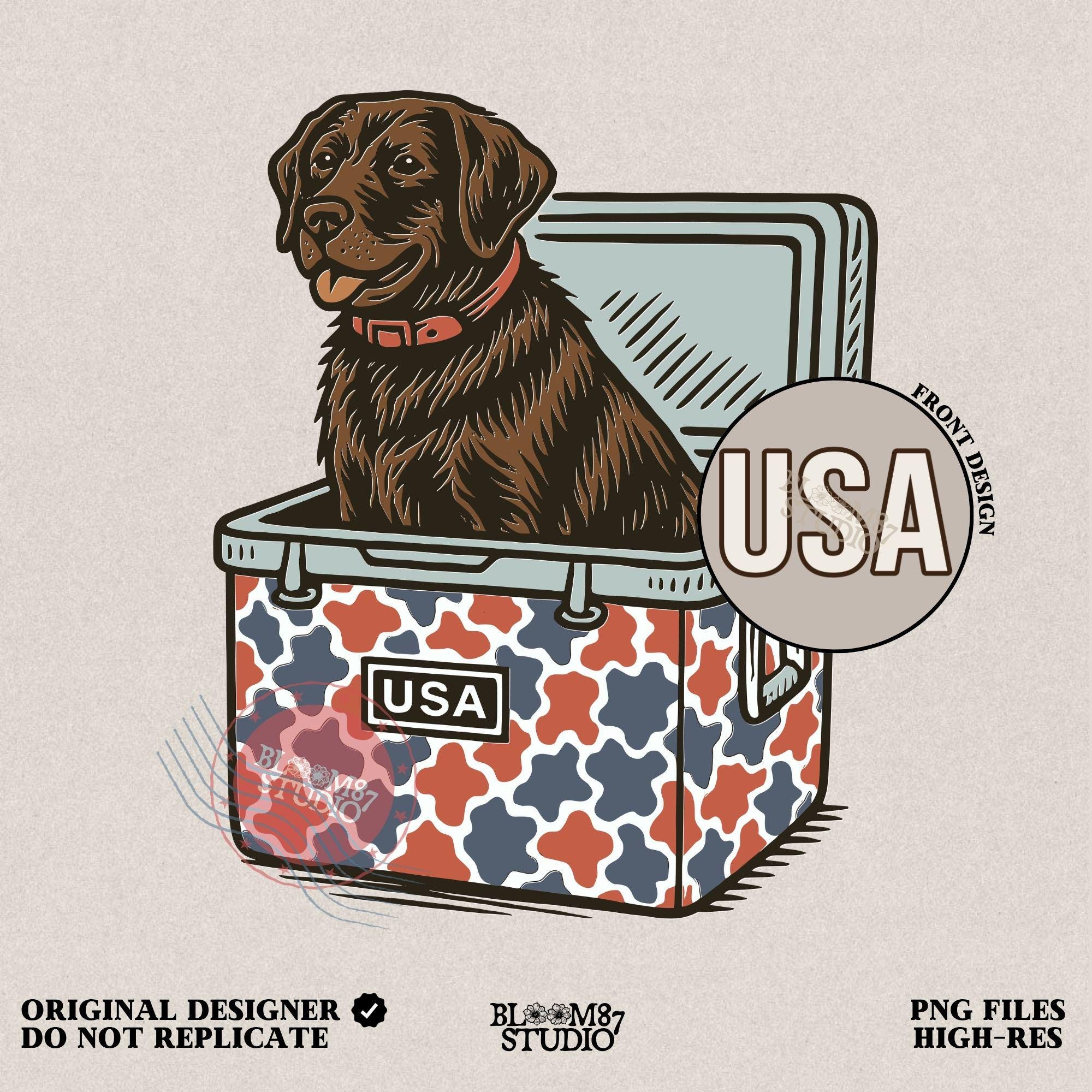 Patriotic sublimation PNG of a brown Labrador sitting inside a red, white, and blue USA-themed cooler, perfect for July 4th crafts and shirts