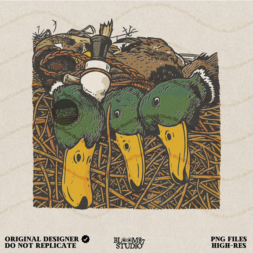 Illustration of three drake mallard ducks with green heads and yellow bills, lying in marsh grass with a duck call, hunting PNG sublimation design