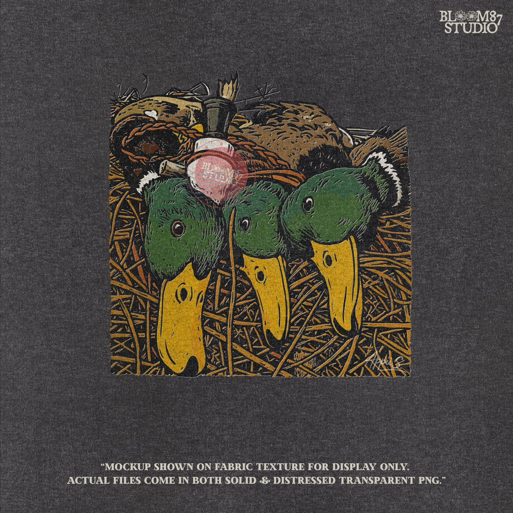 Illustration of three drake mallard ducks with green heads and yellow bills, lying in marsh grass with a duck call, hunting PNG sublimation design