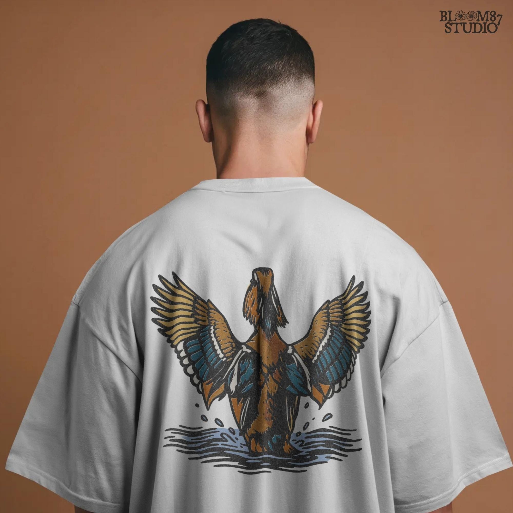 Illustration of a drake wood duck flapping wings in water with vibrant blue, golden, and chestnut feathers, hunting-themed PNG sublimation design