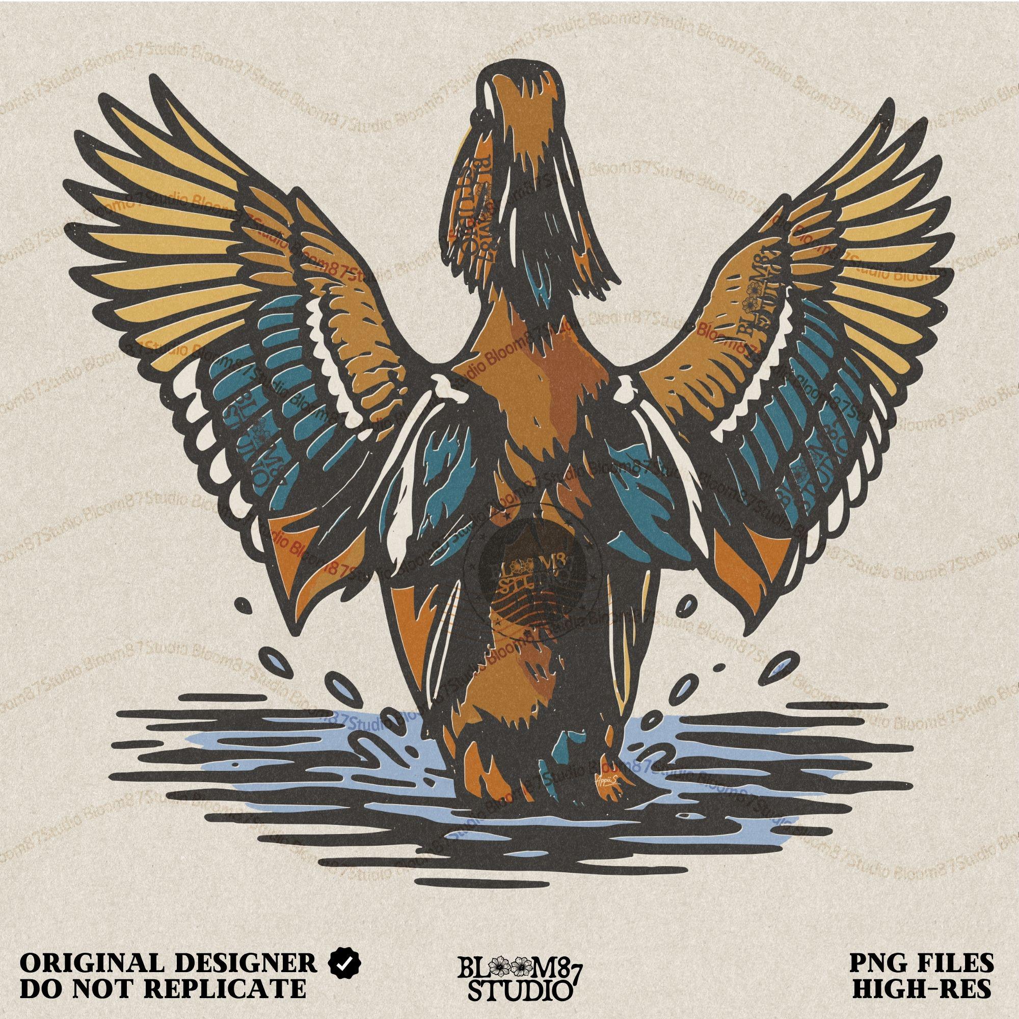 Illustration of a drake wood duck flapping wings in water with vibrant blue, golden, and chestnut feathers, hunting-themed PNG sublimation design
