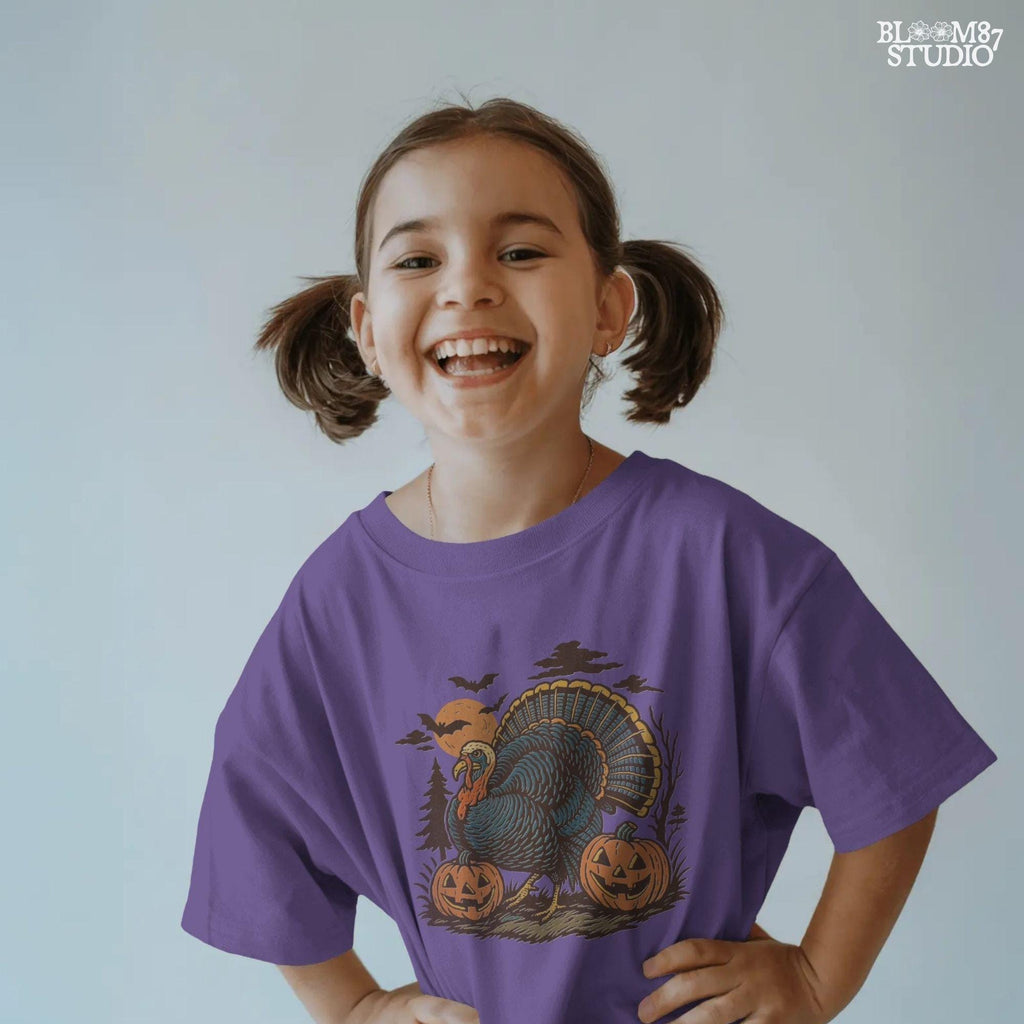 Funny sublimation PNG of a turkey surrounded by jack-o’-lanterns, bats, and a spooky full moon, perfect for Halloween and Thanksgiving crafts