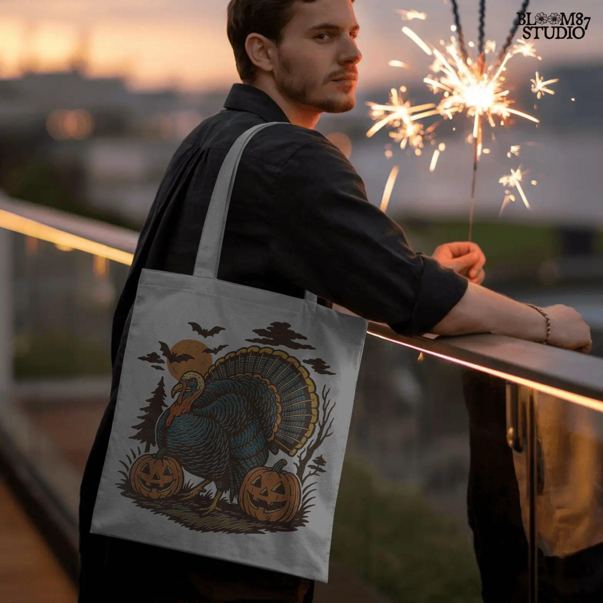 Funny sublimation PNG of a turkey surrounded by jack-o’-lanterns, bats, and a spooky full moon, perfect for Halloween and Thanksgiving crafts