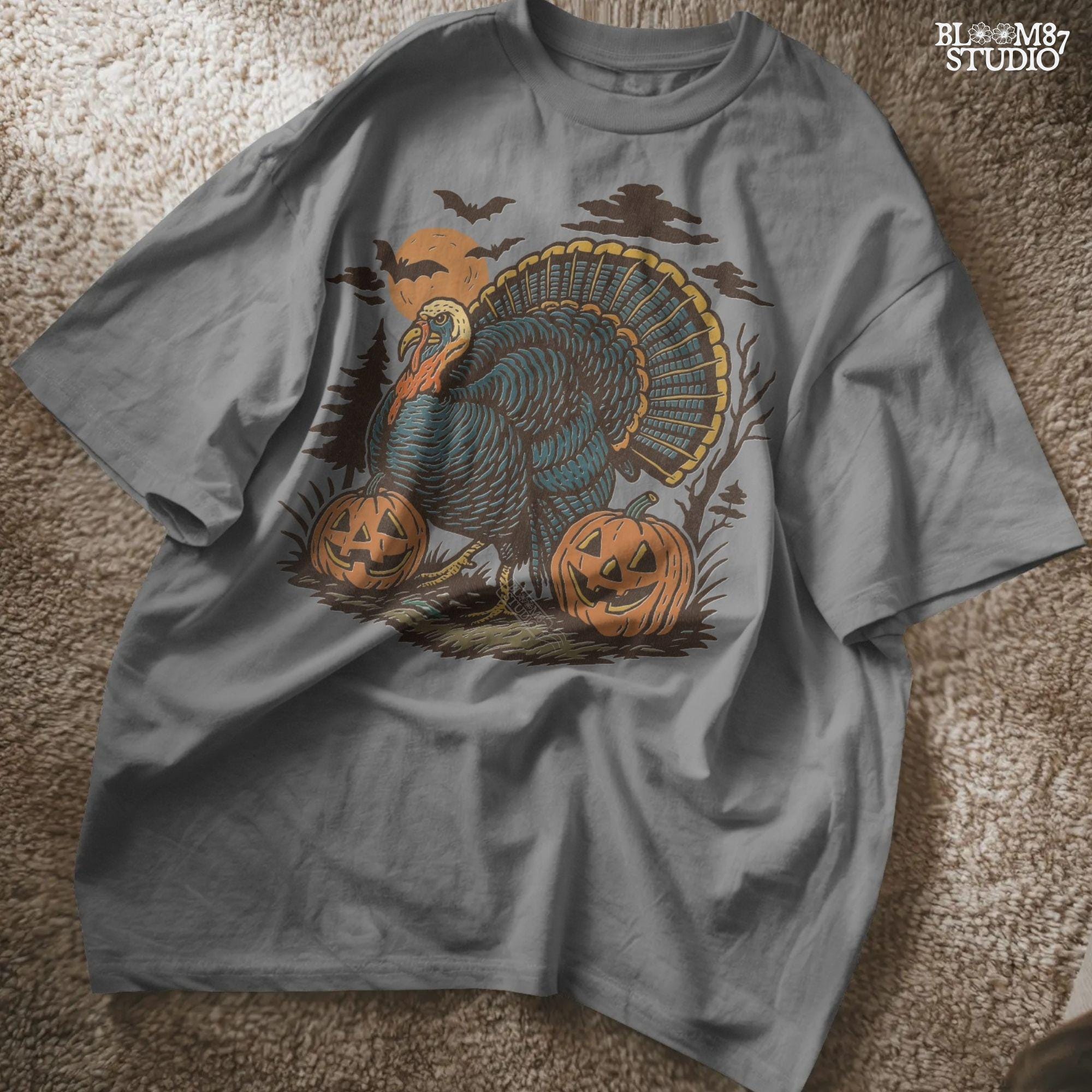 Funny sublimation PNG of a turkey surrounded by jack-o’-lanterns, bats, and a spooky full moon, perfect for Halloween and Thanksgiving crafts