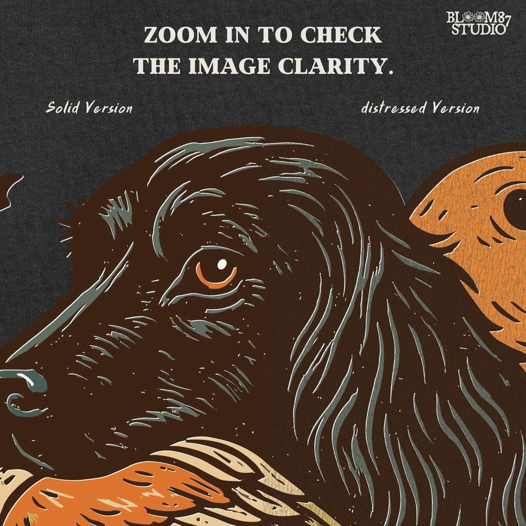 Halloween PNG of a black hunting dog holding a duck with jack-o’-lanterns, bats, and a full moon, rustic sublimation for fall crafts