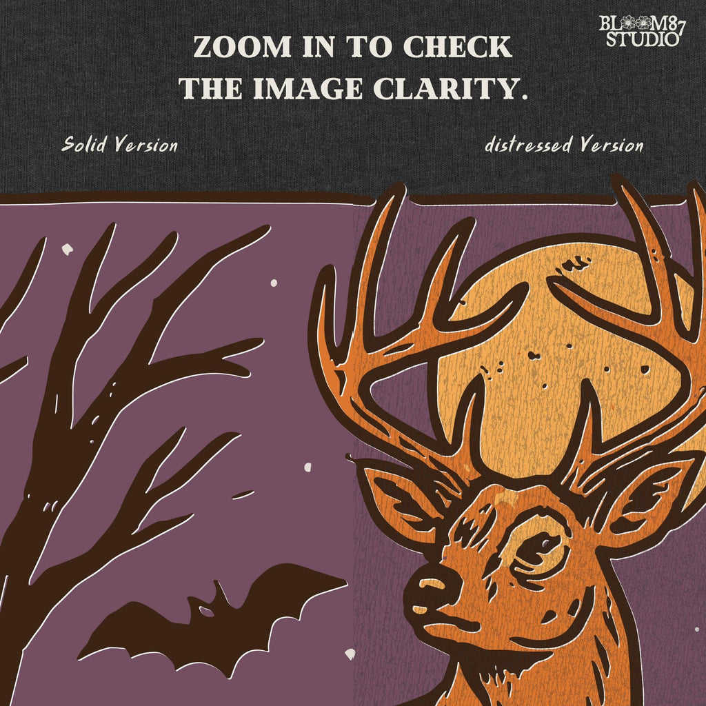 Halloween PNG design of a deer buck under full moon with jack-o’-lantern, bats, and spooky forest background in fall colors