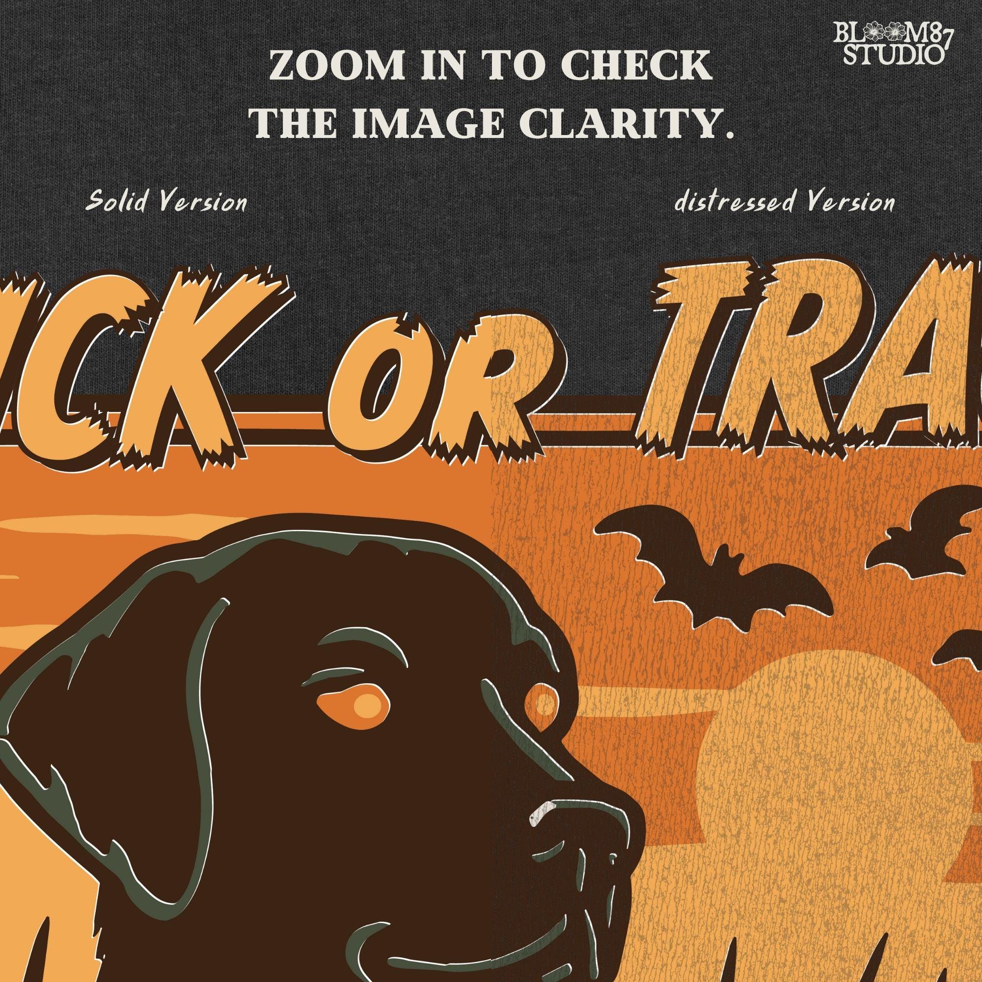 Halloween PNG of a black lab hunting dog wearing a pumpkin bandana with bats, sunset, and text “Trick or Track – He Hunts More Than Candy”