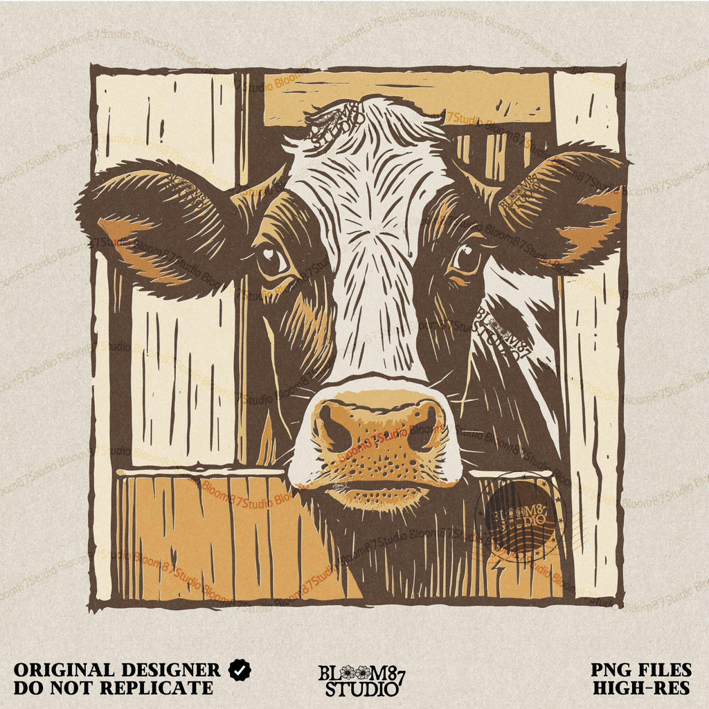 Illustration of a black-and-white dairy cow peeking through a rustic wooden barn door, farmhouse-style sublimation PNG design