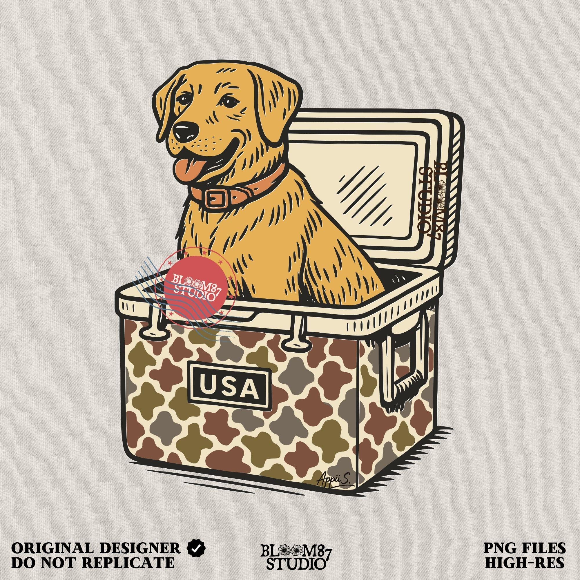 Yellow Labrador Retriever sitting inside a camouflage USA cooler, digital PNG sublimation design for fall hunting or outdoors crafting