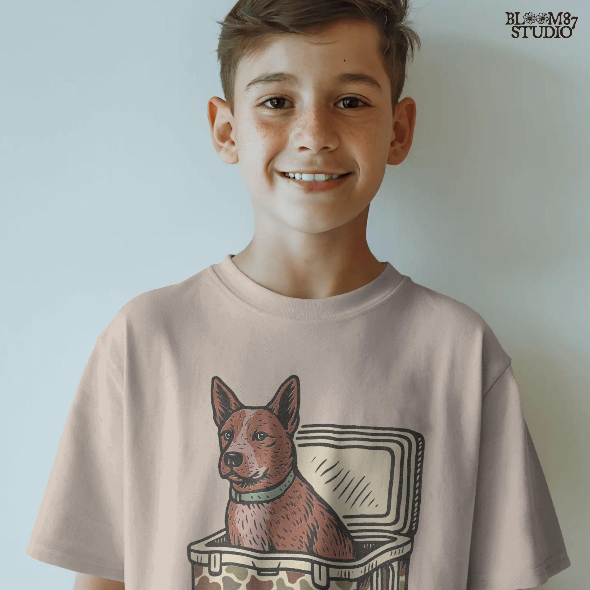 Illustration of an Australian Cattle Dog (Blue Heeler) sitting inside a camouflage cooler with “USA” label, rustic country-style sublimation PNG design