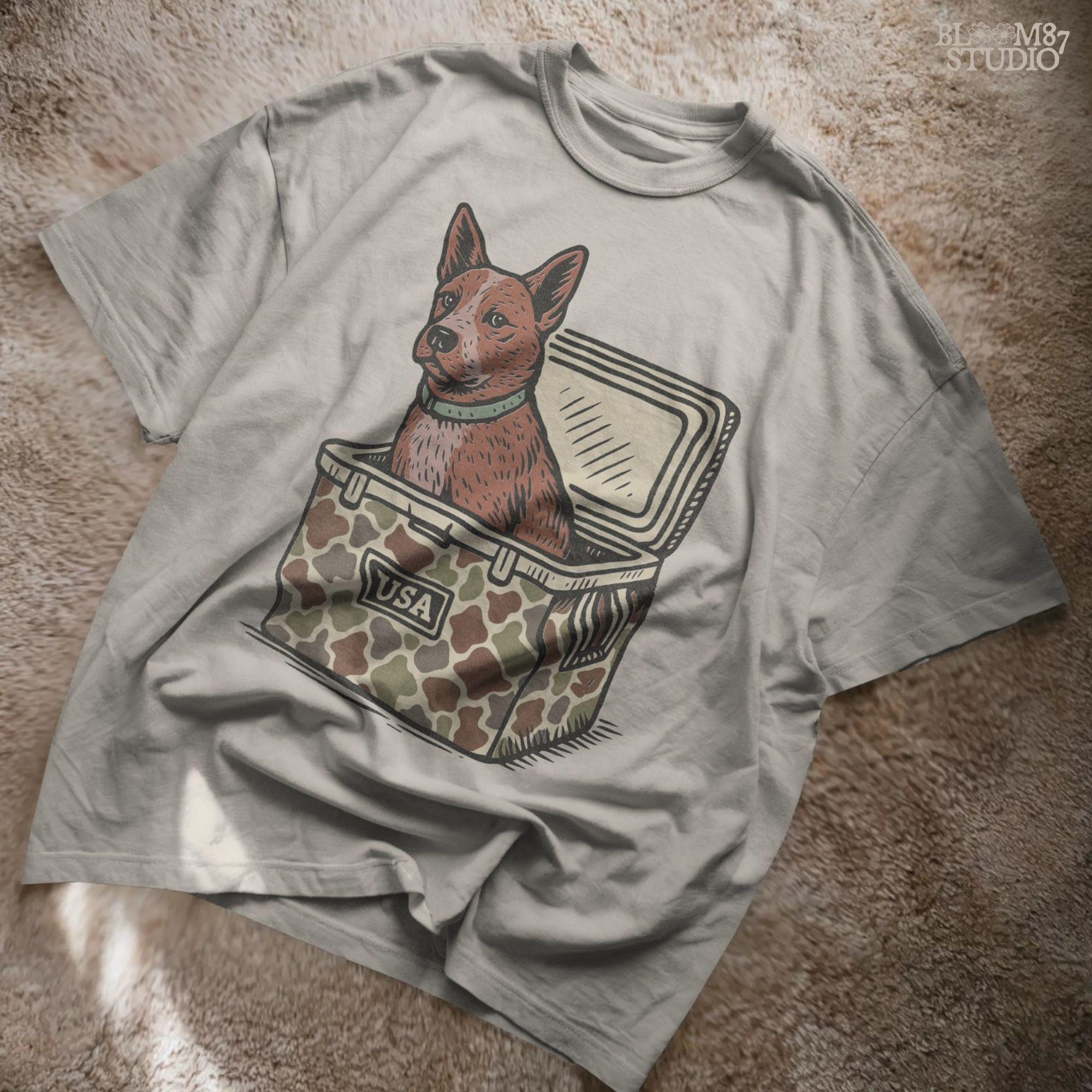 Illustration of an Australian Cattle Dog (Blue Heeler) sitting inside a camouflage cooler with “USA” label, rustic country-style sublimation PNG design