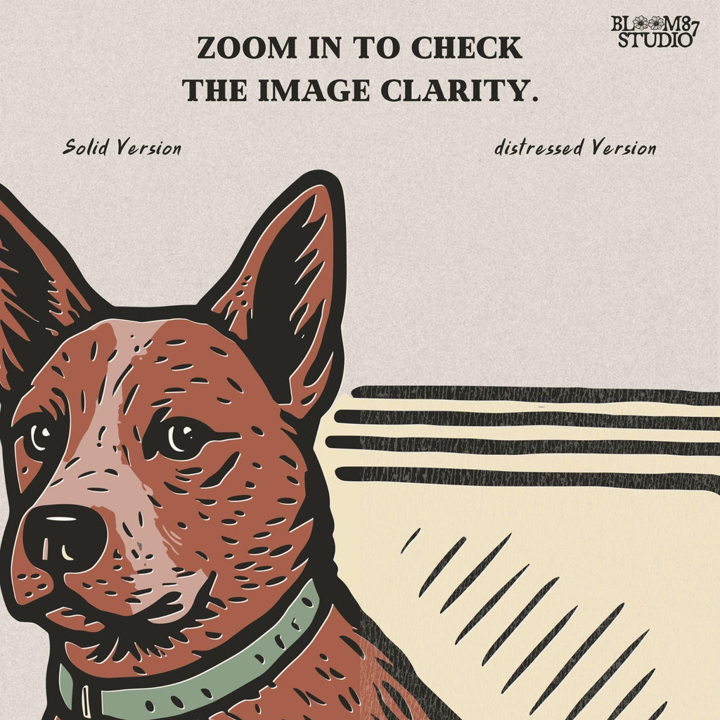 Illustration of an Australian Cattle Dog (Blue Heeler) sitting inside a camouflage cooler with “USA” label, rustic country-style sublimation PNG design