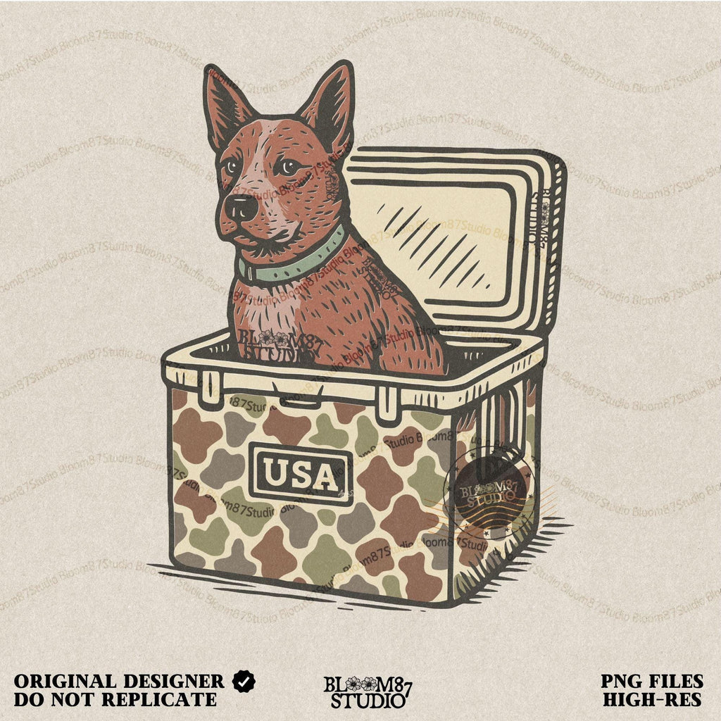 Illustration of an Australian Cattle Dog (Blue Heeler) sitting inside a camouflage cooler with “USA” label, rustic country-style sublimation PNG design