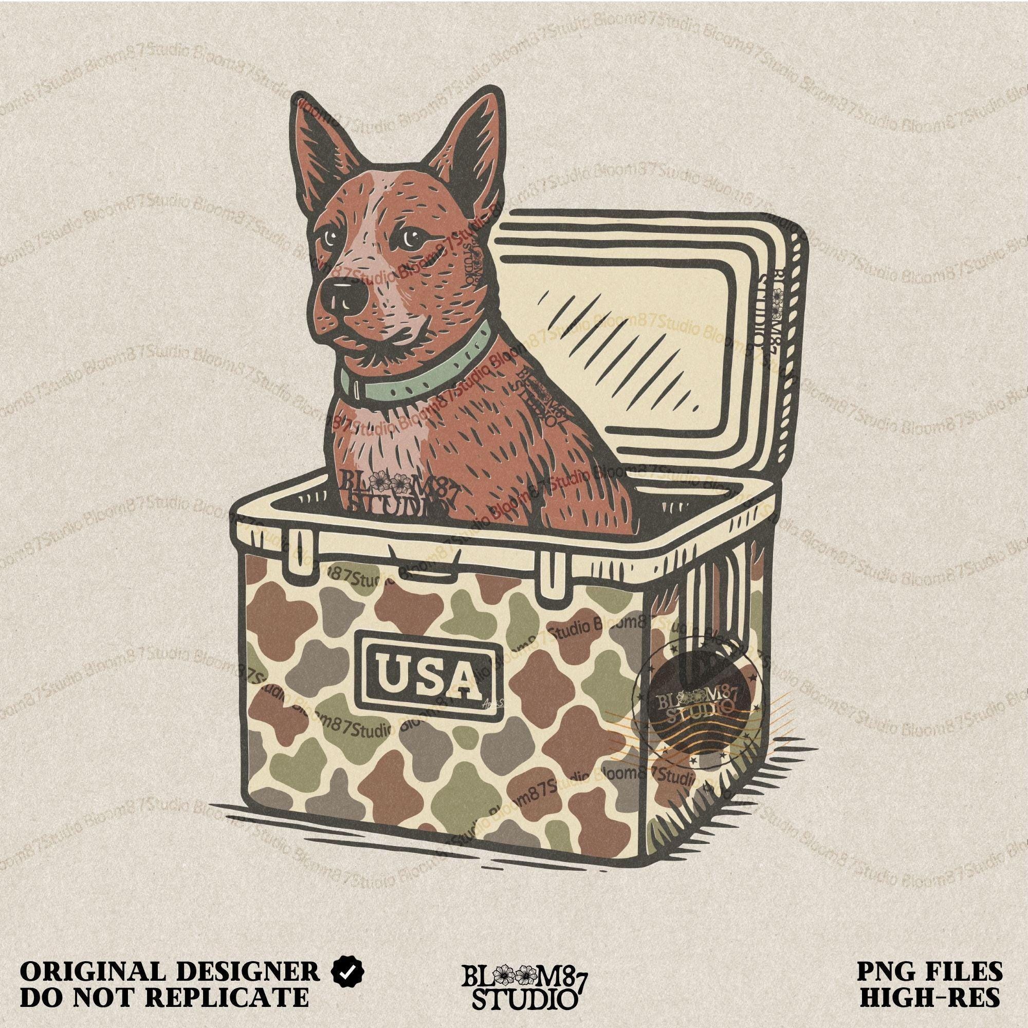 Illustration of an Australian Cattle Dog (Blue Heeler) sitting inside a camouflage cooler with “USA” label, rustic country-style sublimation PNG design