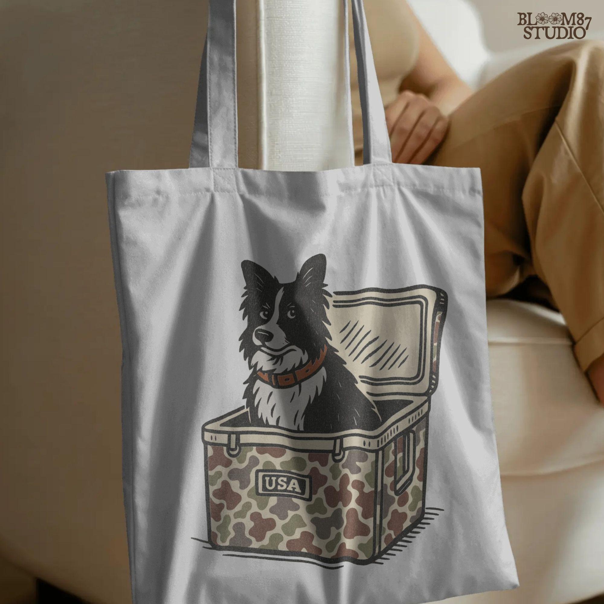 Illustration of a Border Collie sitting inside a camouflage cooler labeled “USA,” rustic farm and ranch-themed sublimation PNG design