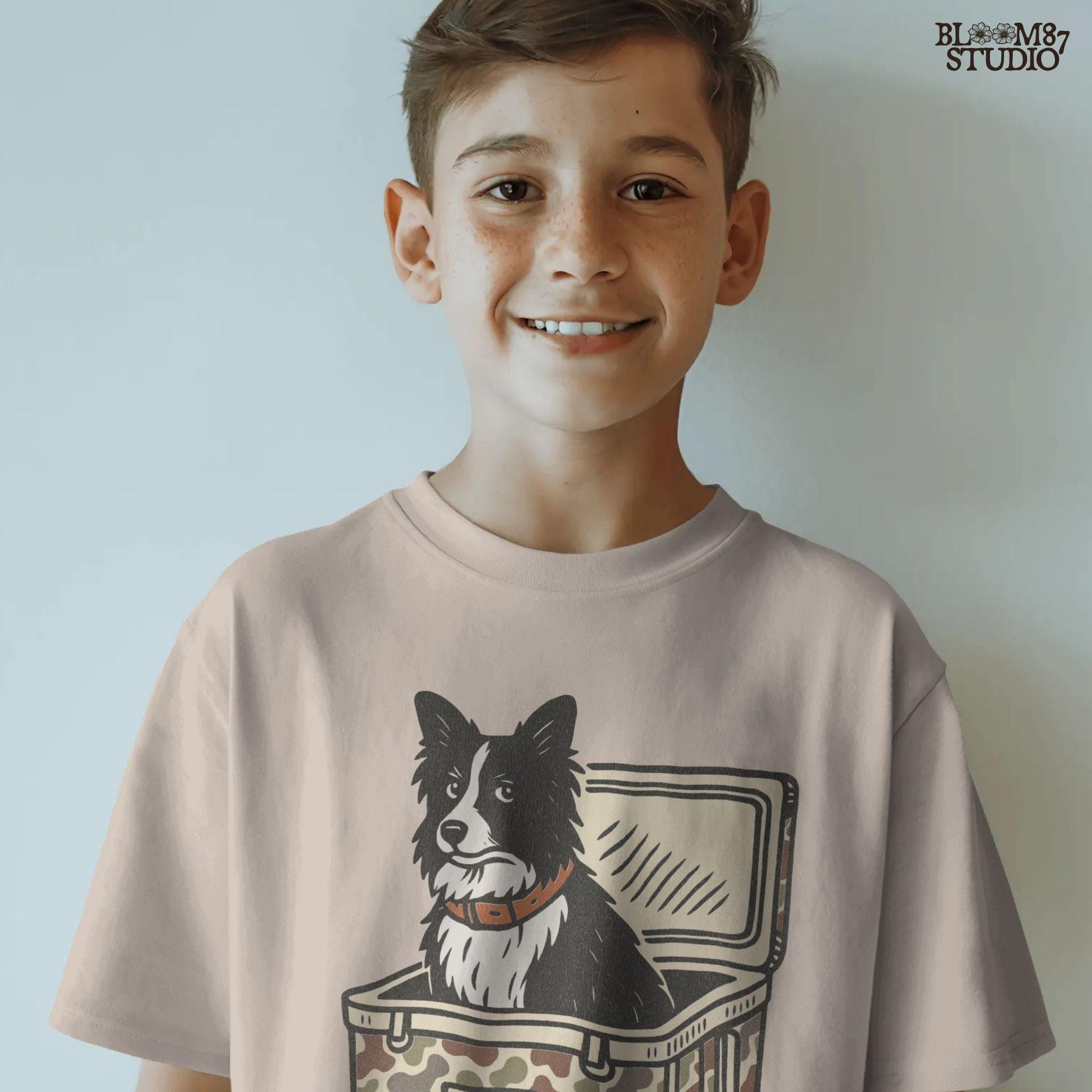 Illustration of a Border Collie sitting inside a camouflage cooler labeled “USA,” rustic farm and ranch-themed sublimation PNG design