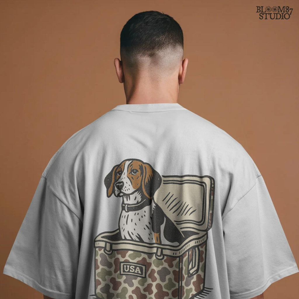 Illustration of a Treeing Walker Coonhound sitting in a camo-patterned cooler with USA label, digital PNG for hunting and farmhouse crafts