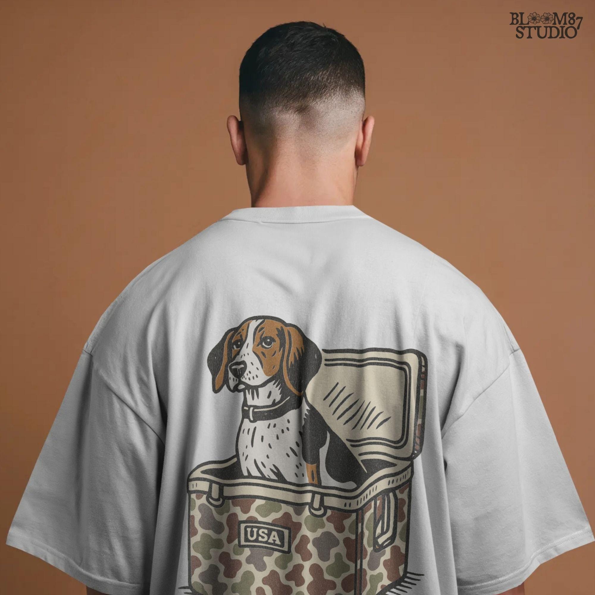 Illustration of a Treeing Walker Coonhound sitting in a camo-patterned cooler with USA label, digital PNG for hunting and farmhouse crafts