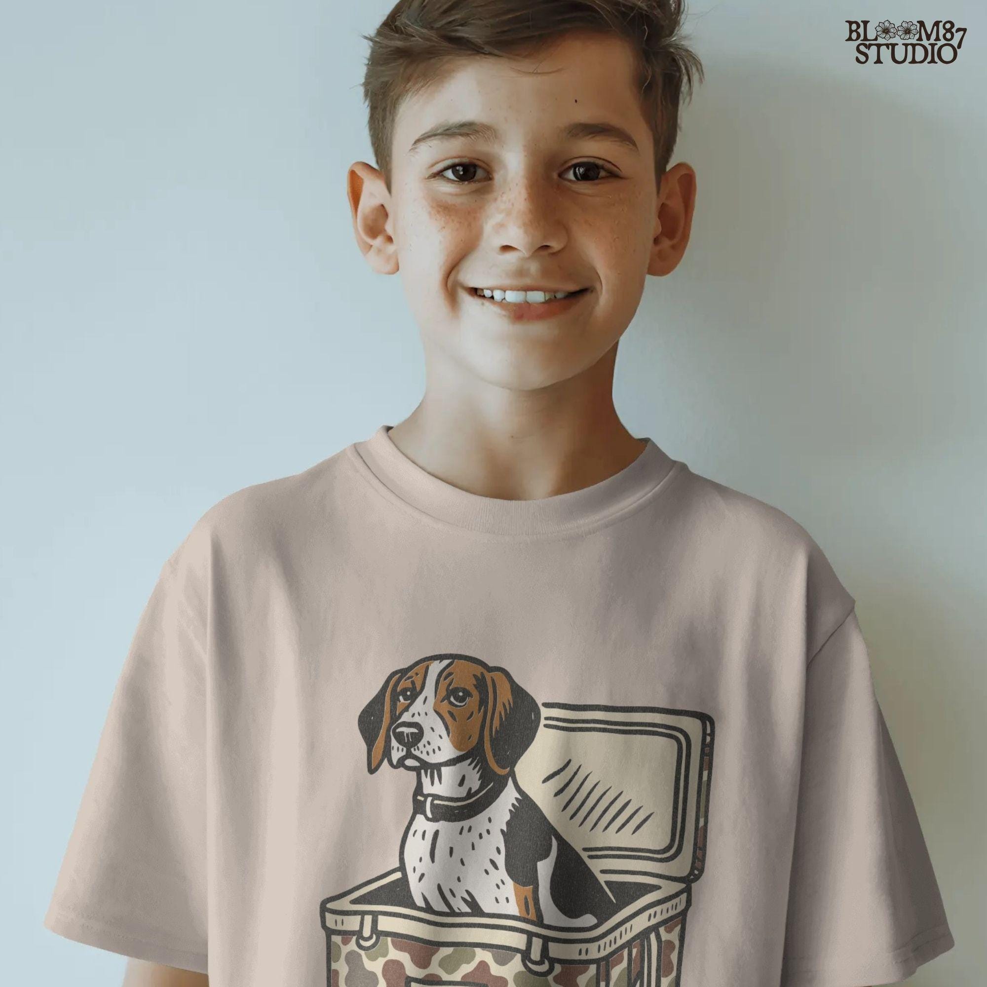 Illustration of a Treeing Walker Coonhound sitting in a camo-patterned cooler with USA label, digital PNG for hunting and farmhouse crafts