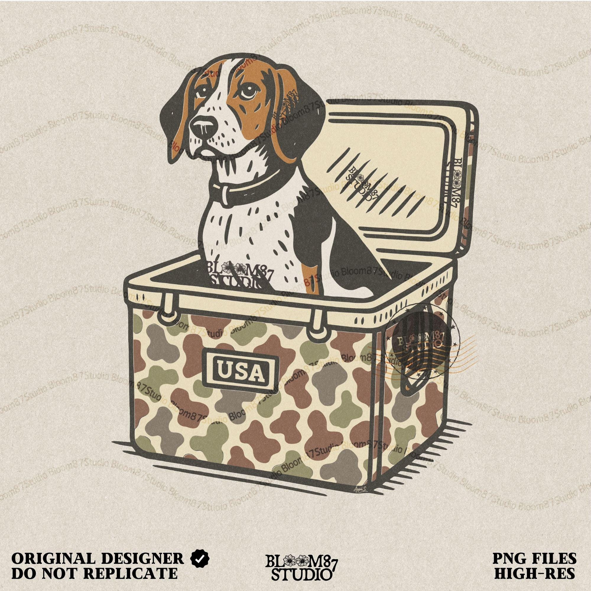 Illustration of a Treeing Walker Coonhound sitting in a camo-patterned cooler with USA label, digital PNG for hunting and farmhouse crafts