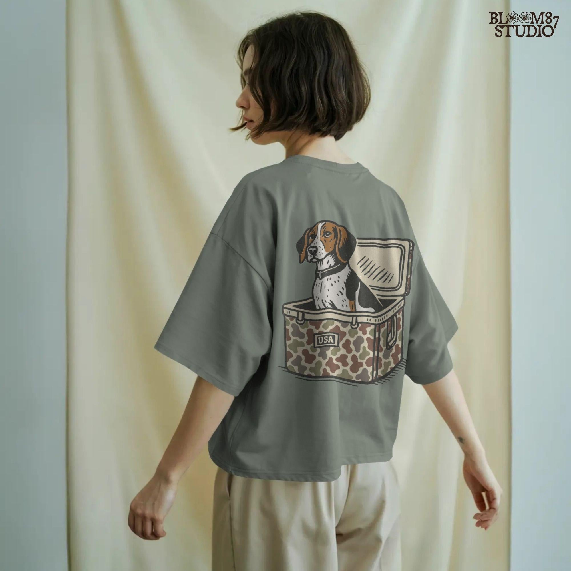 Illustration of a Treeing Walker Coonhound sitting in a camo-patterned cooler with USA label, digital PNG for hunting and farmhouse crafts