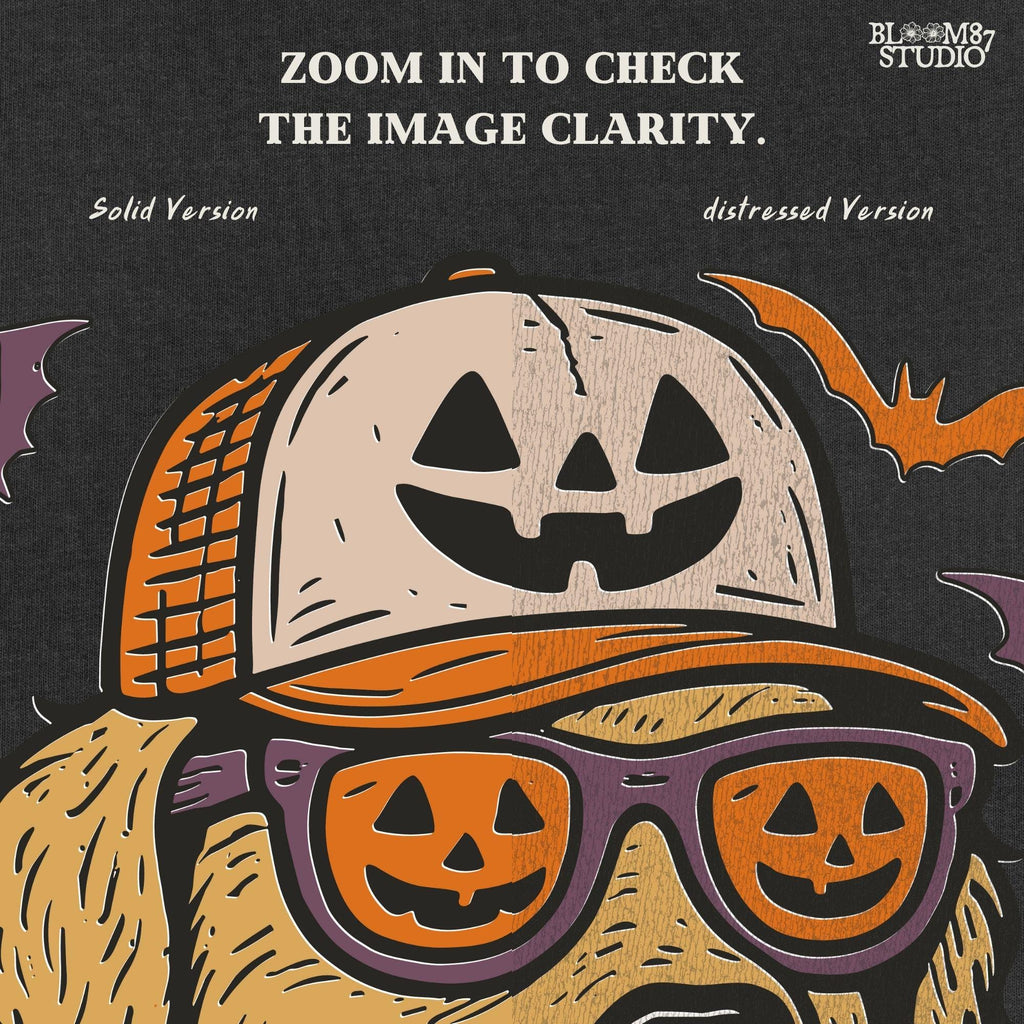 Golden retriever wearing jack-o’-lantern sunglasses, pumpkin hat, and orange bandana, surrounded by bats, Halloween-themed sublimation PNG