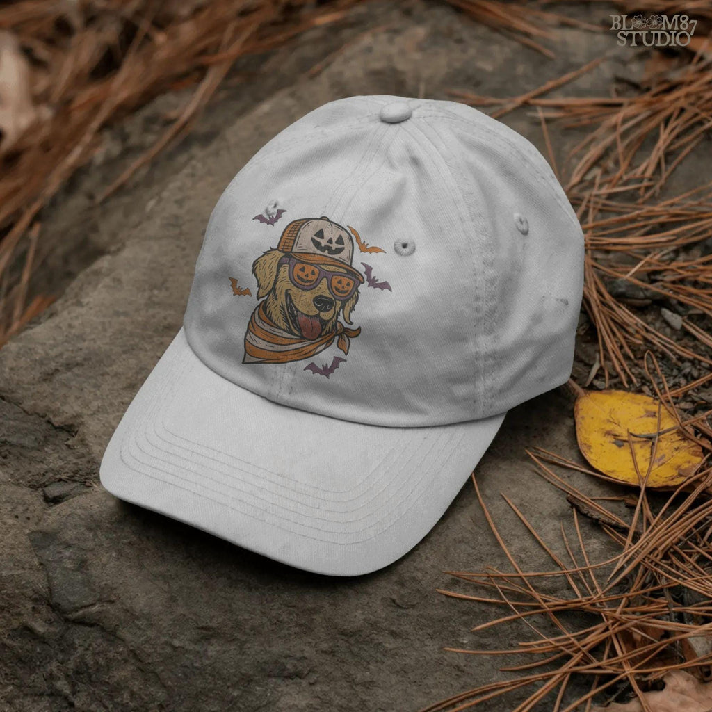 Golden retriever wearing jack-o’-lantern sunglasses, pumpkin hat, and orange bandana, surrounded by bats, Halloween-themed sublimation PNG