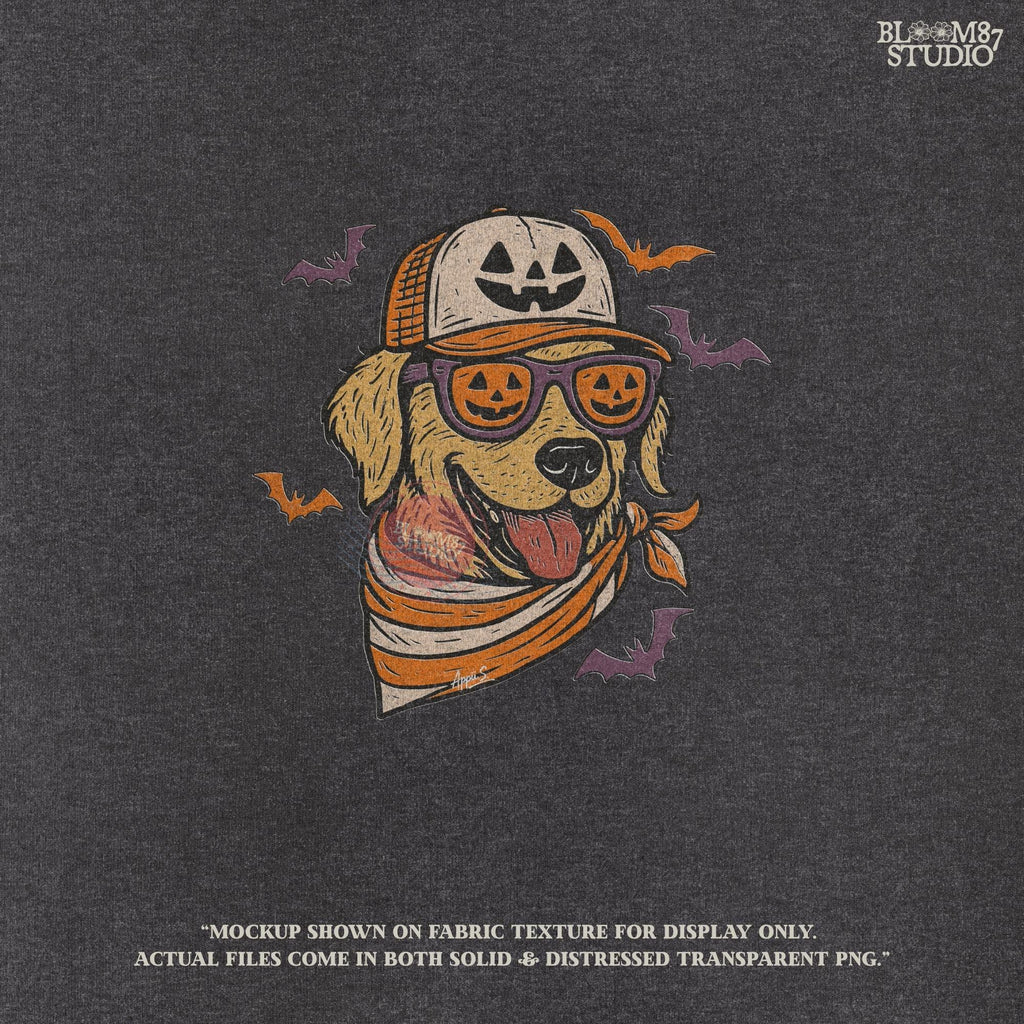 Golden retriever wearing jack-o’-lantern sunglasses, pumpkin hat, and orange bandana, surrounded by bats, Halloween-themed sublimation PNG