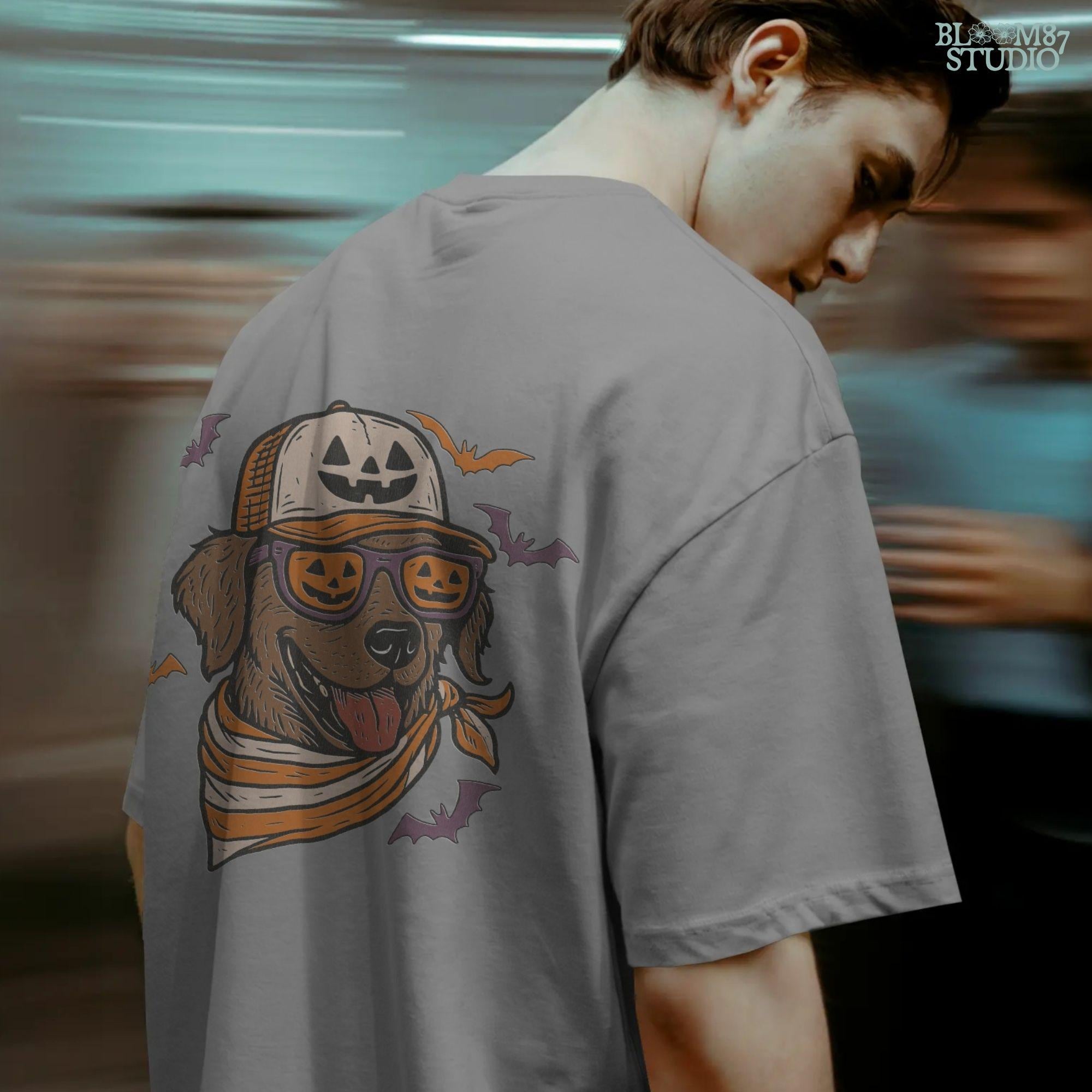 Chocolate labrador wearing pumpkin hat and jack-o’-lantern sunglasses with Halloween bats and orange bandana, Halloween sublimation PNG design