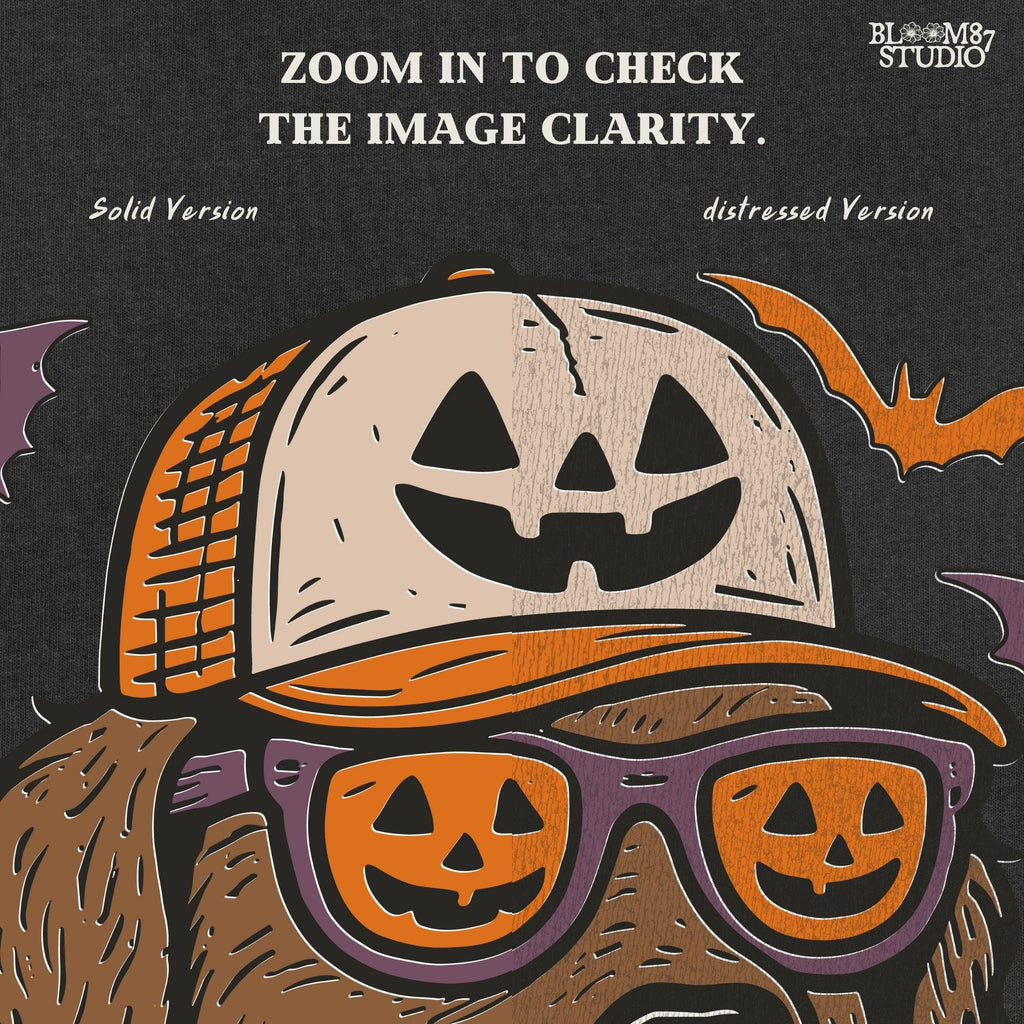 Chocolate labrador wearing pumpkin hat and jack-o’-lantern sunglasses with Halloween bats and orange bandana, Halloween sublimation PNG design