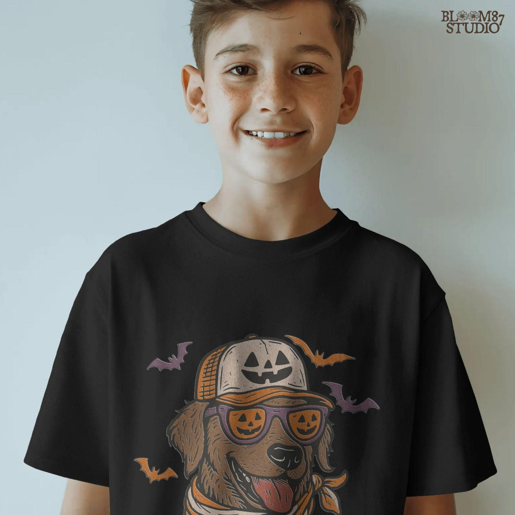 Chocolate labrador wearing pumpkin hat and jack-o’-lantern sunglasses with Halloween bats and orange bandana, Halloween sublimation PNG design