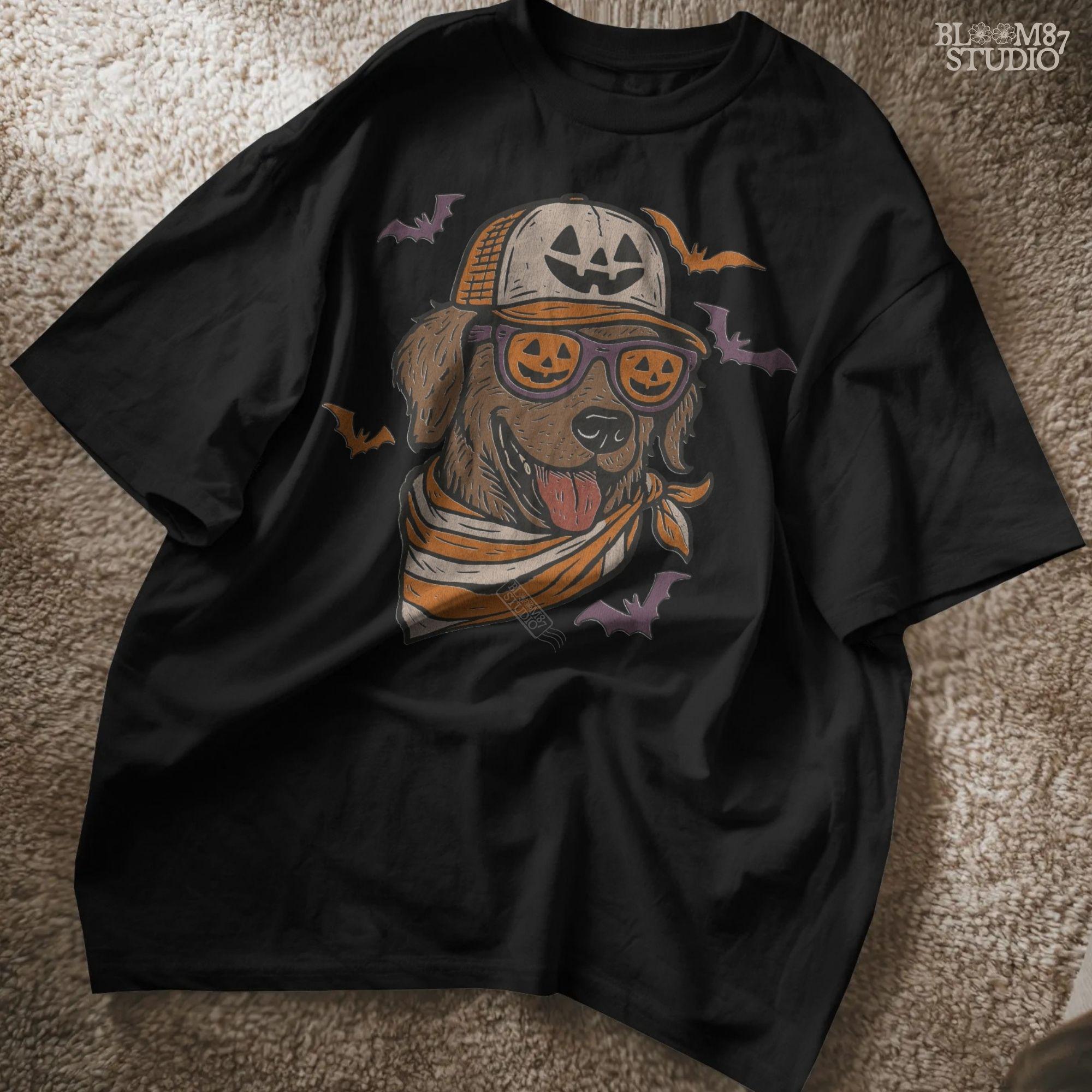 Chocolate labrador wearing pumpkin hat and jack-o’-lantern sunglasses with Halloween bats and orange bandana, Halloween sublimation PNG design