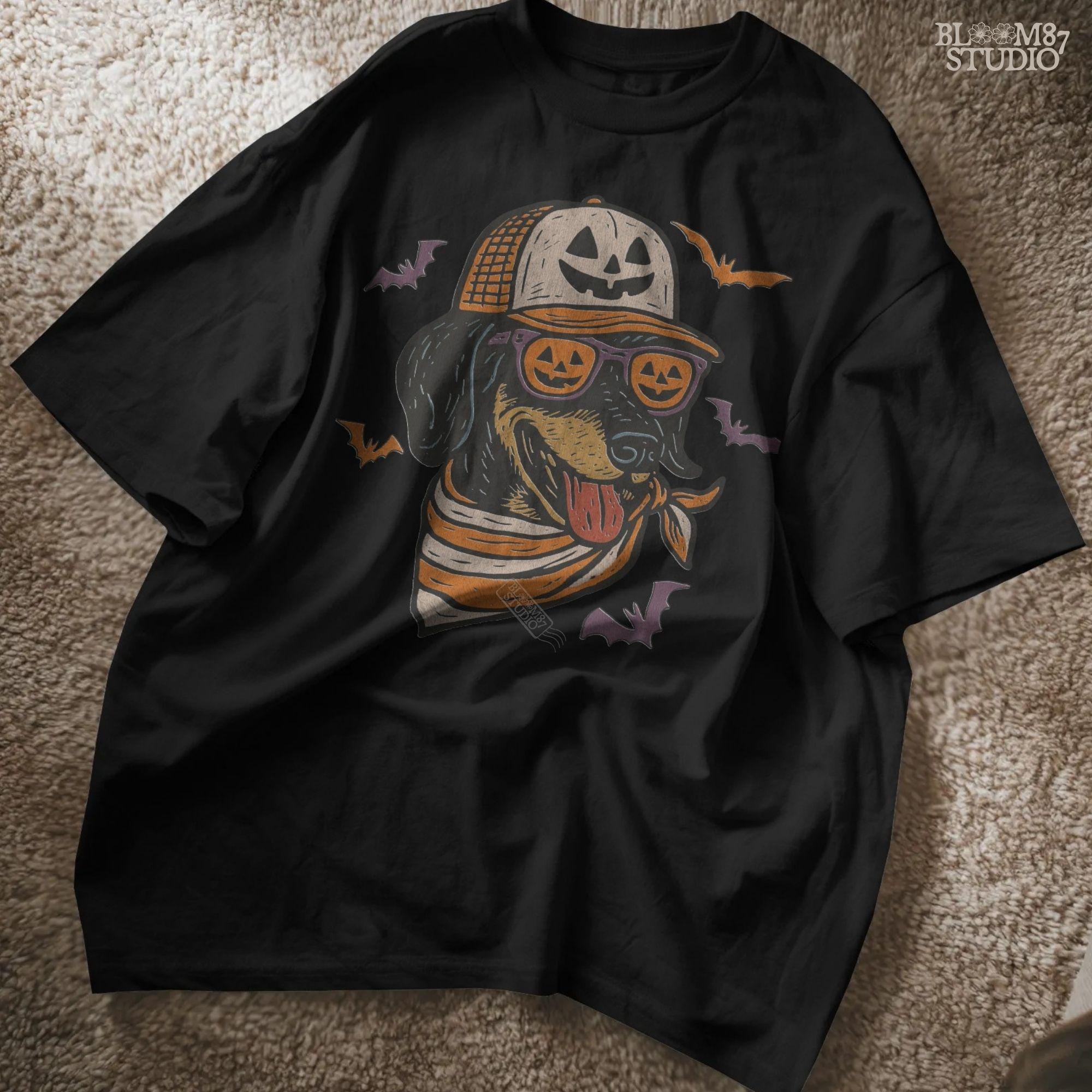 Halloween dachshund wearing pumpkin sunglasses, jack-o’-lantern hat, and orange bandana with flying bats, sublimation PNG design