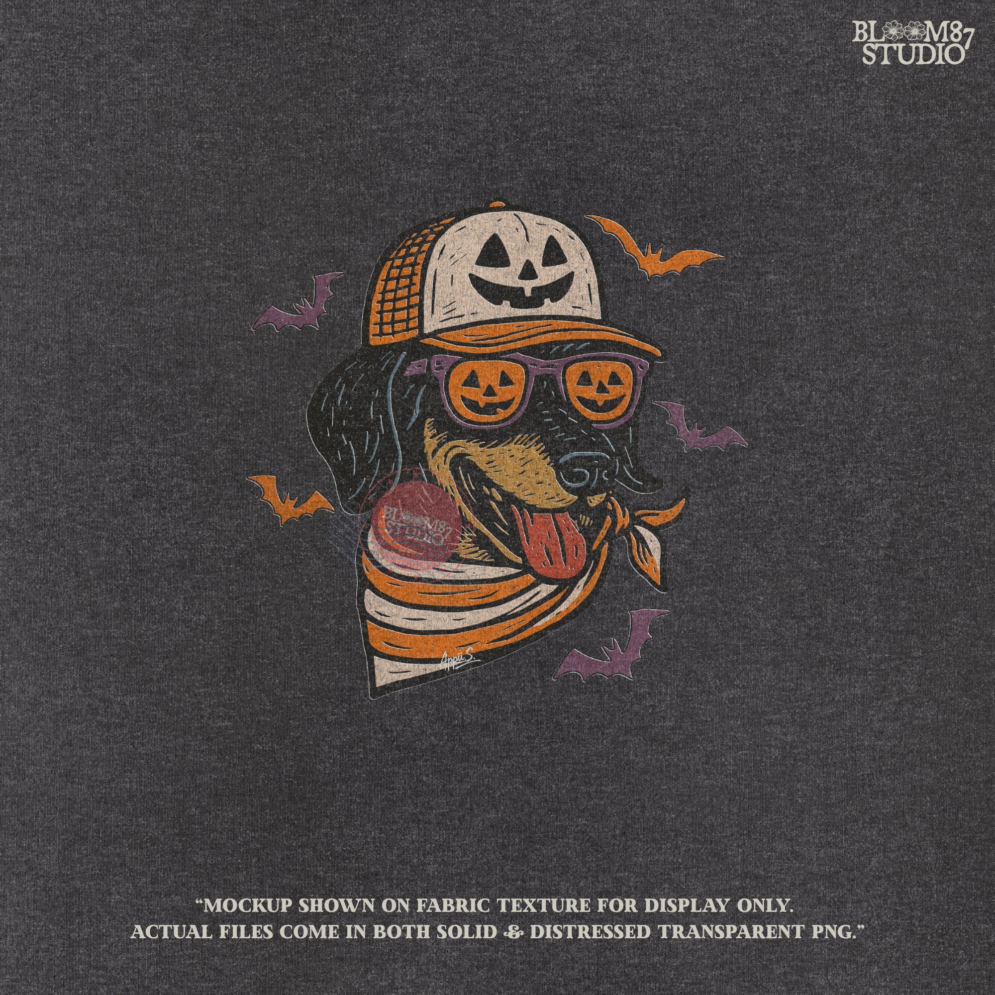 Halloween dachshund wearing pumpkin sunglasses, jack-o’-lantern hat, and orange bandana with flying bats, sublimation PNG design