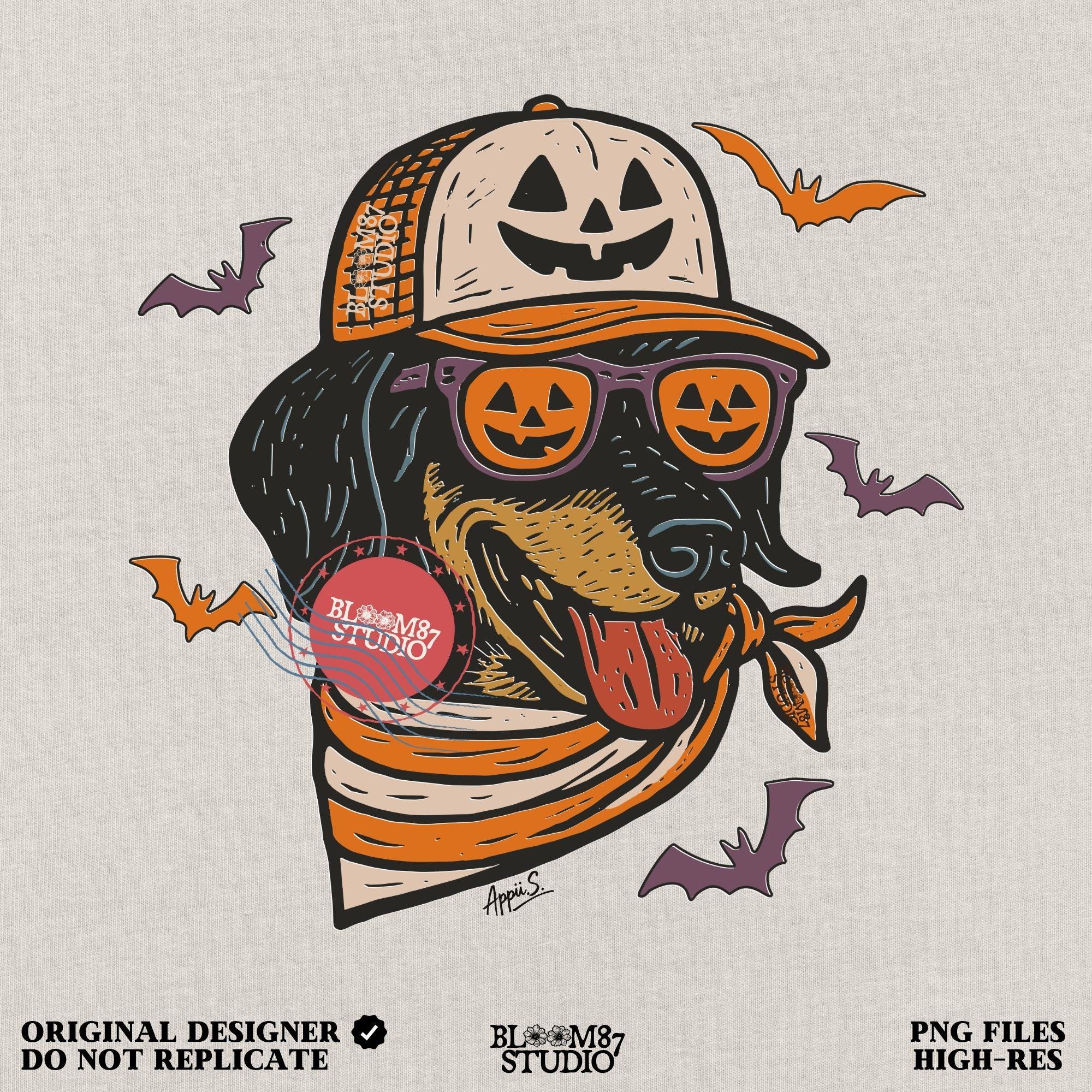 Halloween dachshund wearing pumpkin sunglasses, jack-o’-lantern hat, and orange bandana with flying bats, sublimation PNG design