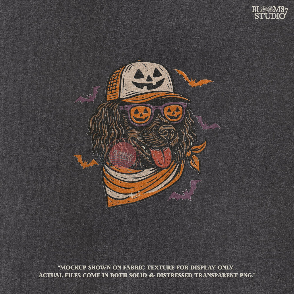 Boykin Spaniel dog wearing pumpkin sunglasses and Halloween hat with bats flying around, spooky sublimation PNG design for fall shirts