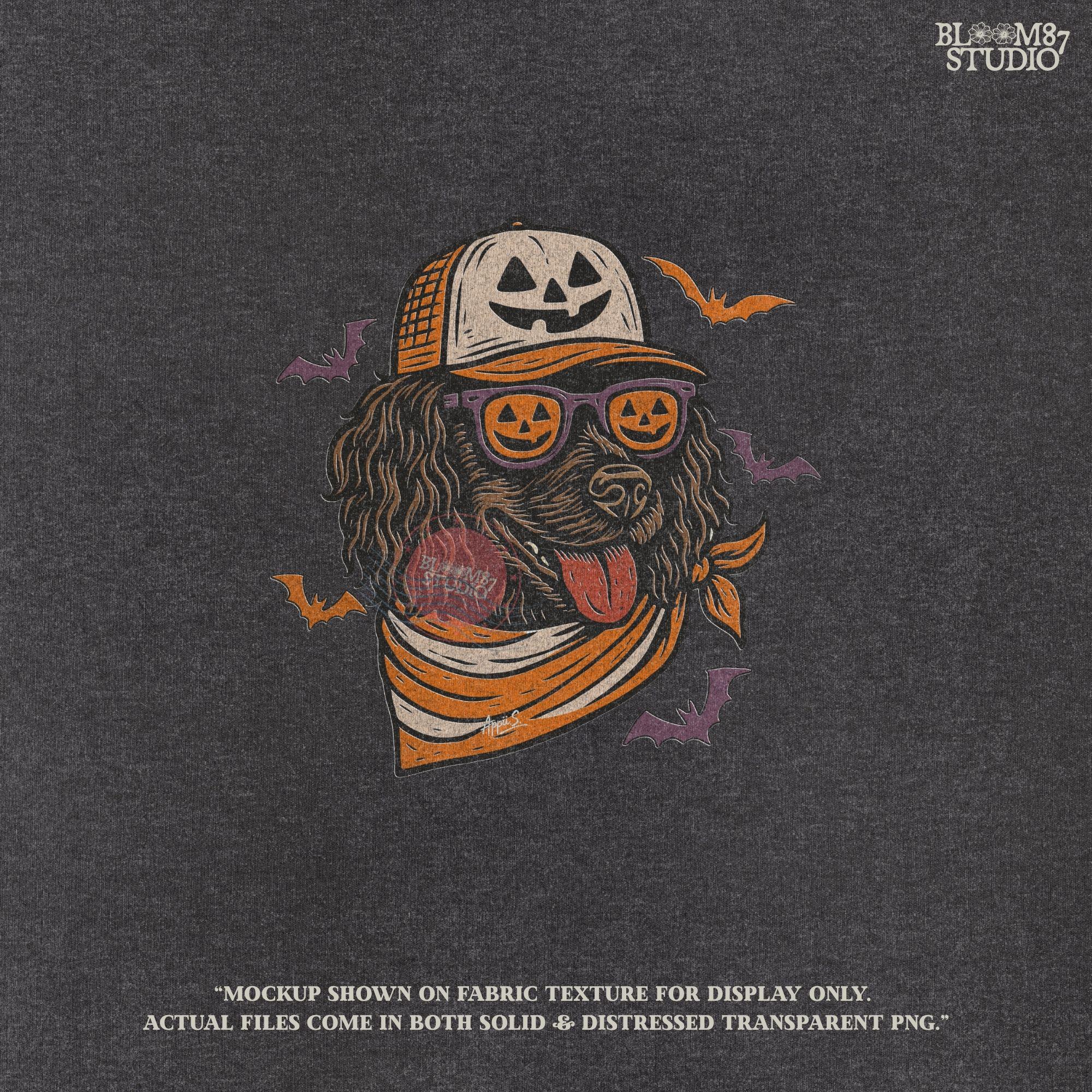 Boykin Spaniel dog wearing pumpkin sunglasses and Halloween hat with bats flying around, spooky sublimation PNG design for fall shirts