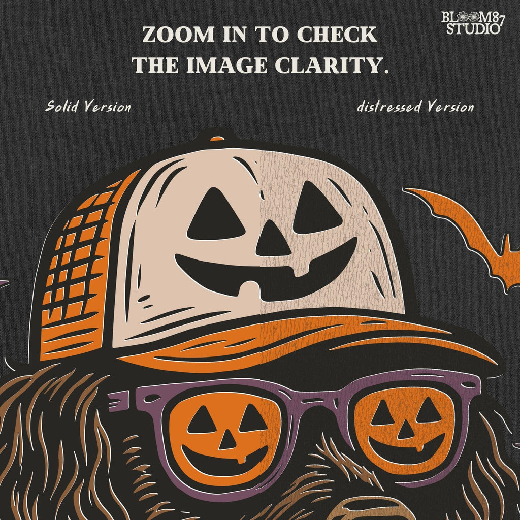 Boykin Spaniel dog wearing pumpkin sunglasses and Halloween hat with bats flying around, spooky sublimation PNG design for fall shirts