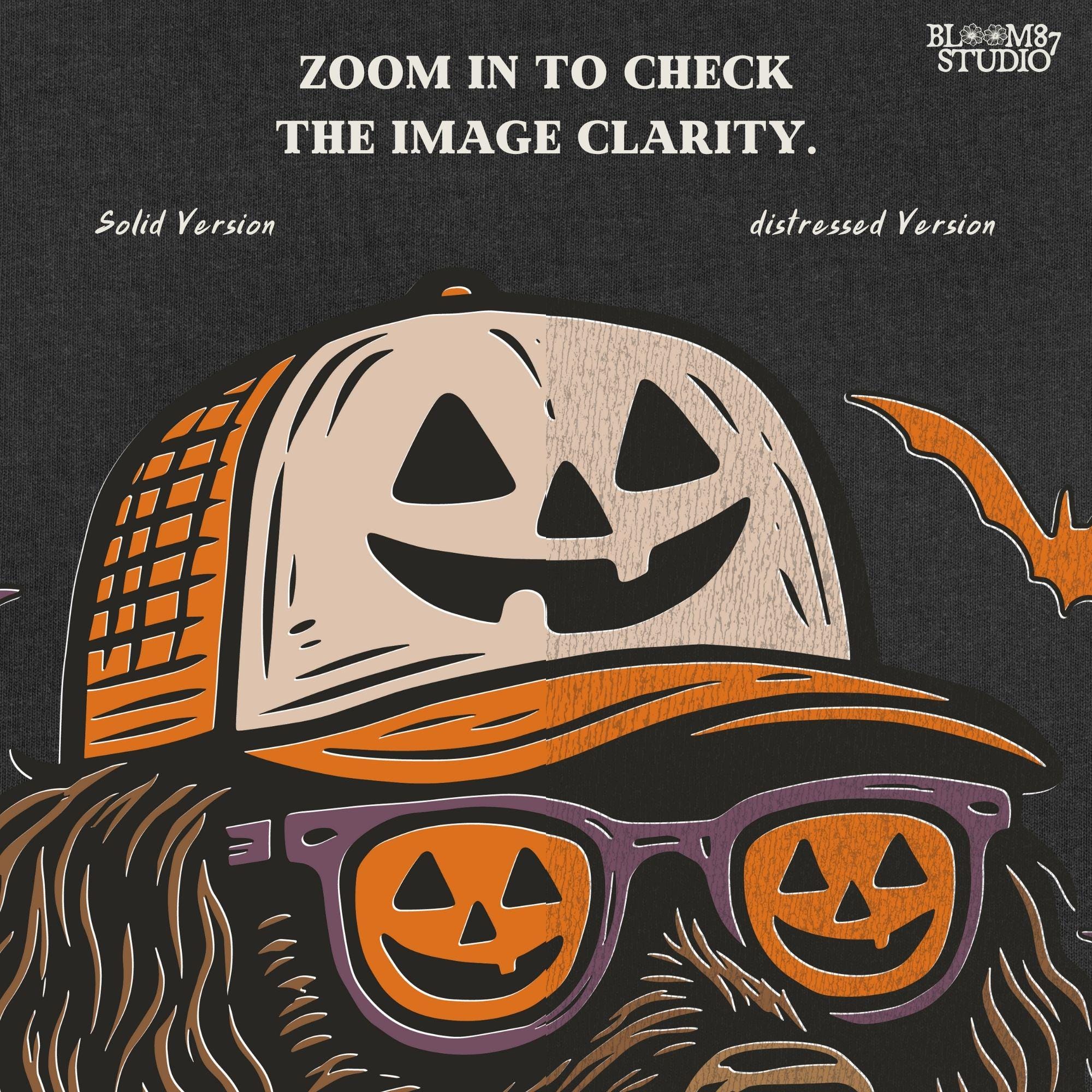 Boykin Spaniel dog wearing pumpkin sunglasses and Halloween hat with bats flying around, spooky sublimation PNG design for fall shirts