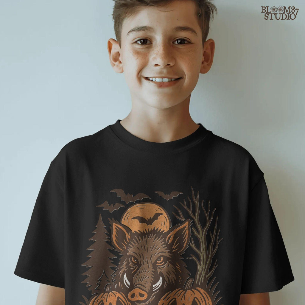 Halloween wild boar sublimation PNG featuring a fierce hog with jack-o’-lantern pumpkins, bats, and spooky forest background in vintage style