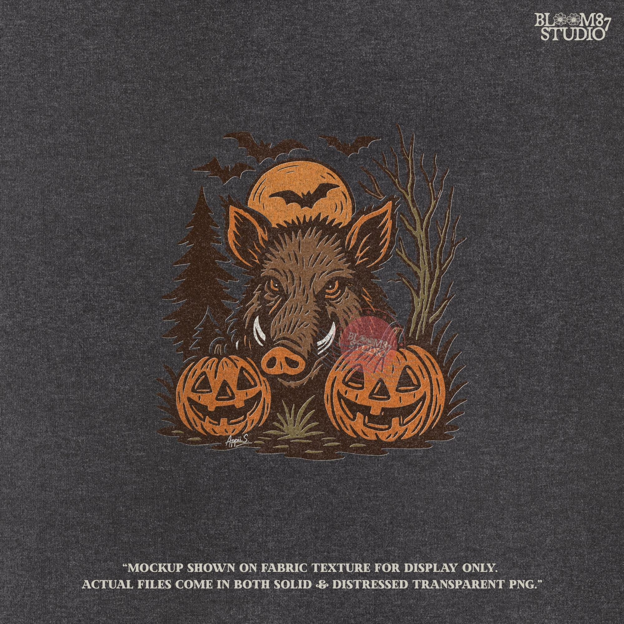 Halloween wild boar sublimation PNG featuring a fierce hog with jack-o’-lantern pumpkins, bats, and spooky forest background in vintage style
