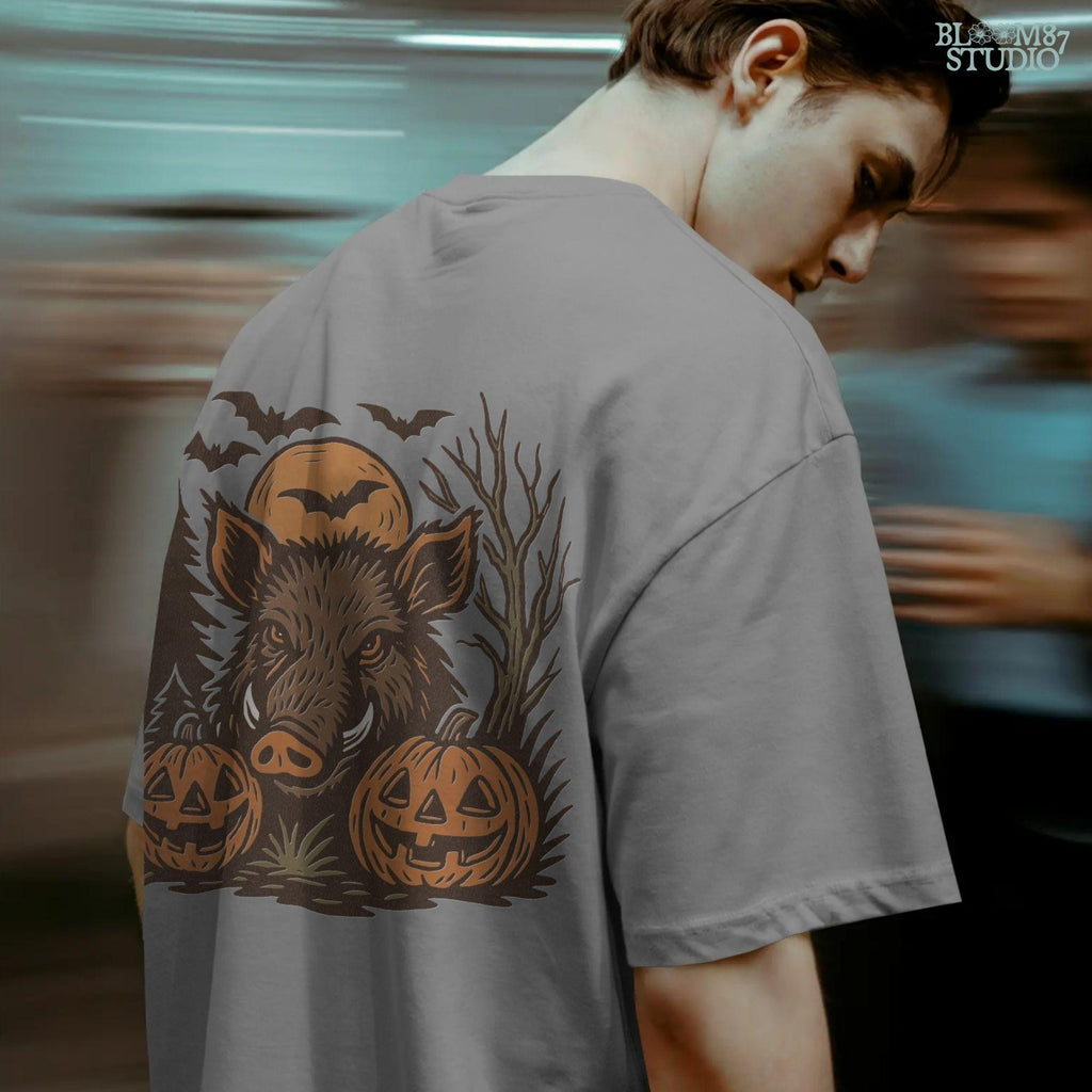 Halloween wild boar sublimation PNG featuring a fierce hog with jack-o’-lantern pumpkins, bats, and spooky forest background in vintage style