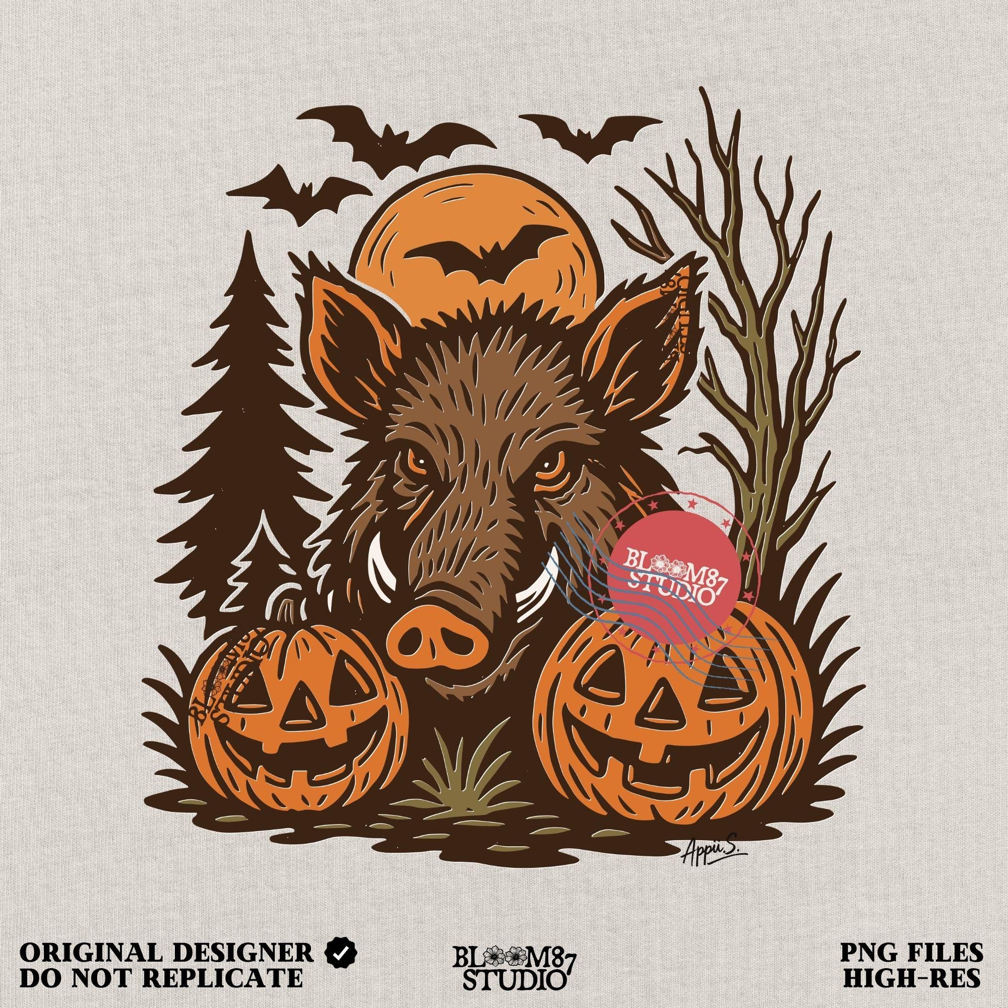 Halloween wild boar sublimation PNG featuring a fierce hog with jack-o’-lantern pumpkins, bats, and spooky forest background in vintage style