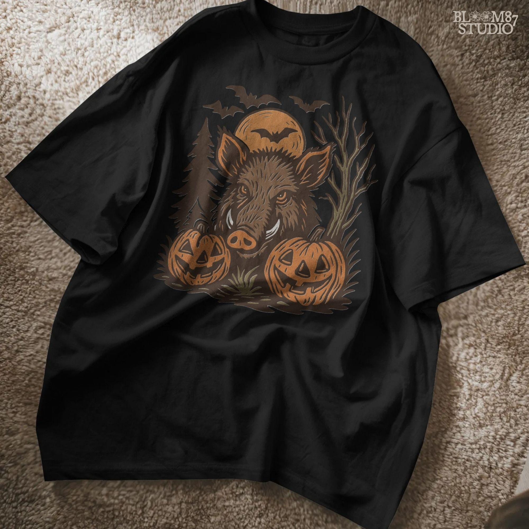 Halloween wild boar sublimation PNG featuring a fierce hog with jack-o’-lantern pumpkins, bats, and spooky forest background in vintage style
